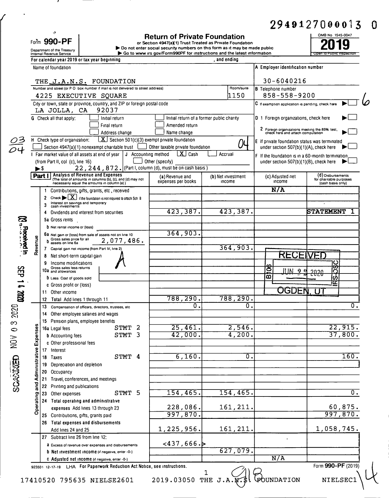Image of first page of 2019 Form 990PF for Jans Foundation
