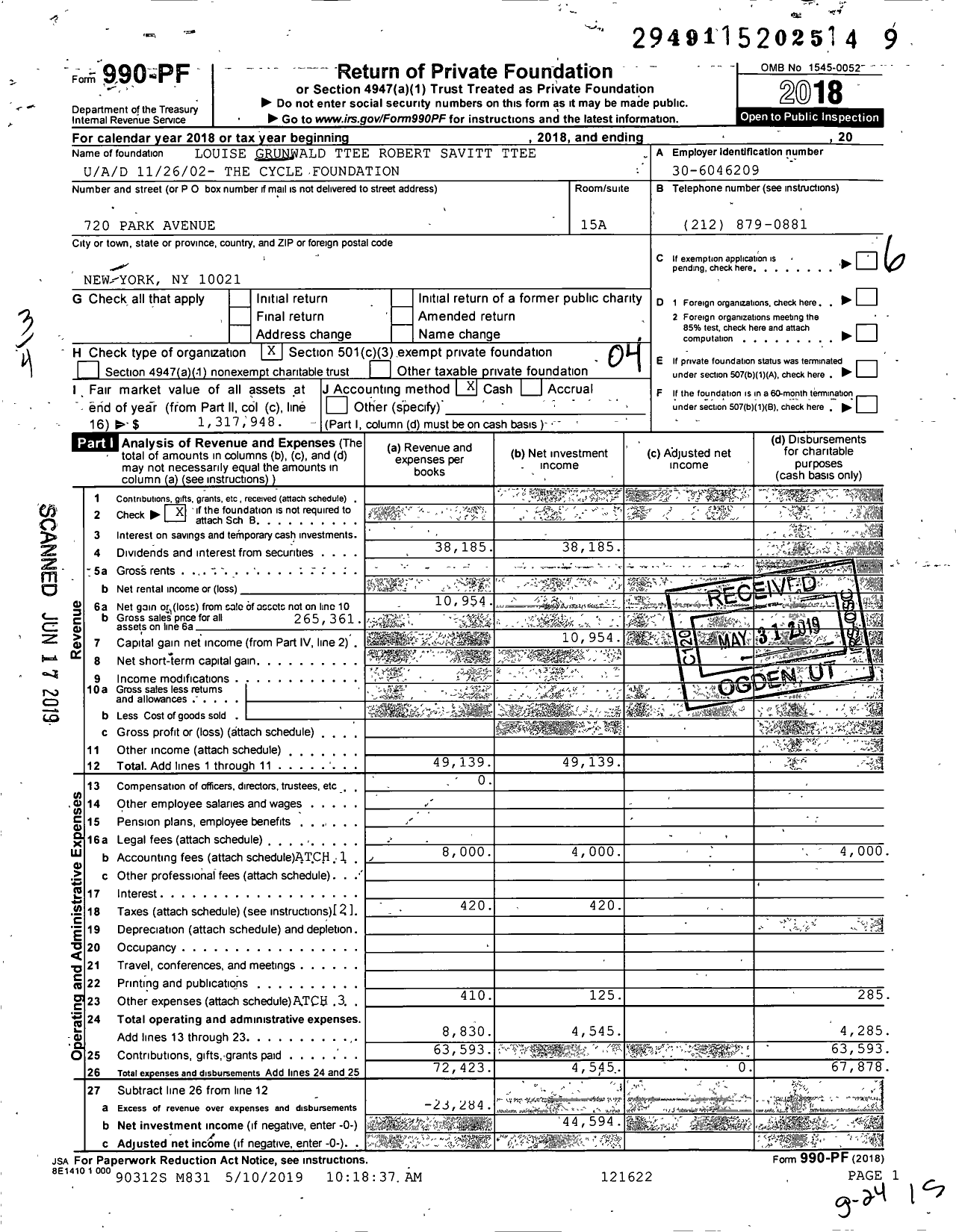 Image of first page of 2018 Form 990PF for Louise Grunwald Ttee Robert Savitt Ttee U / A / D 11 / 26 / 02- the Cycle Foundation