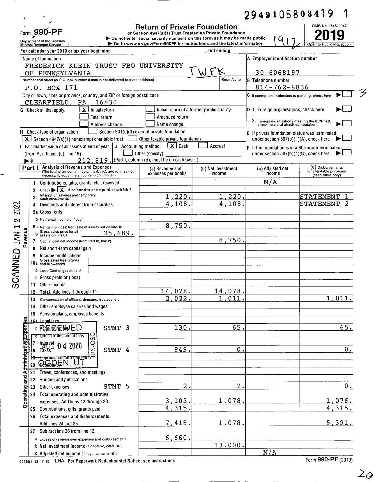 Image of first page of 2019 Form 990PF for T W F Klein TR Fbo Univ of Pa School of Veterinary Medicine