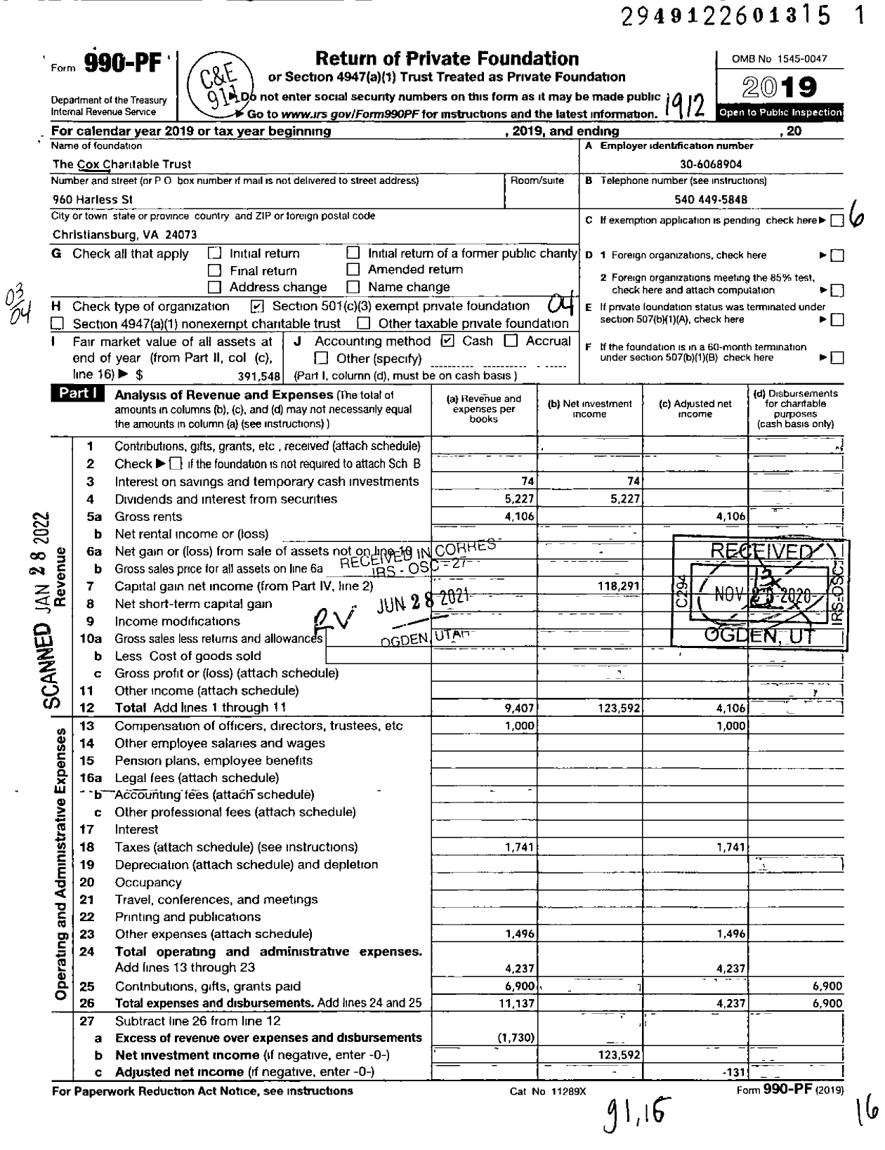 Image of first page of 2019 Form 990PF for The Cox Charitable Trust