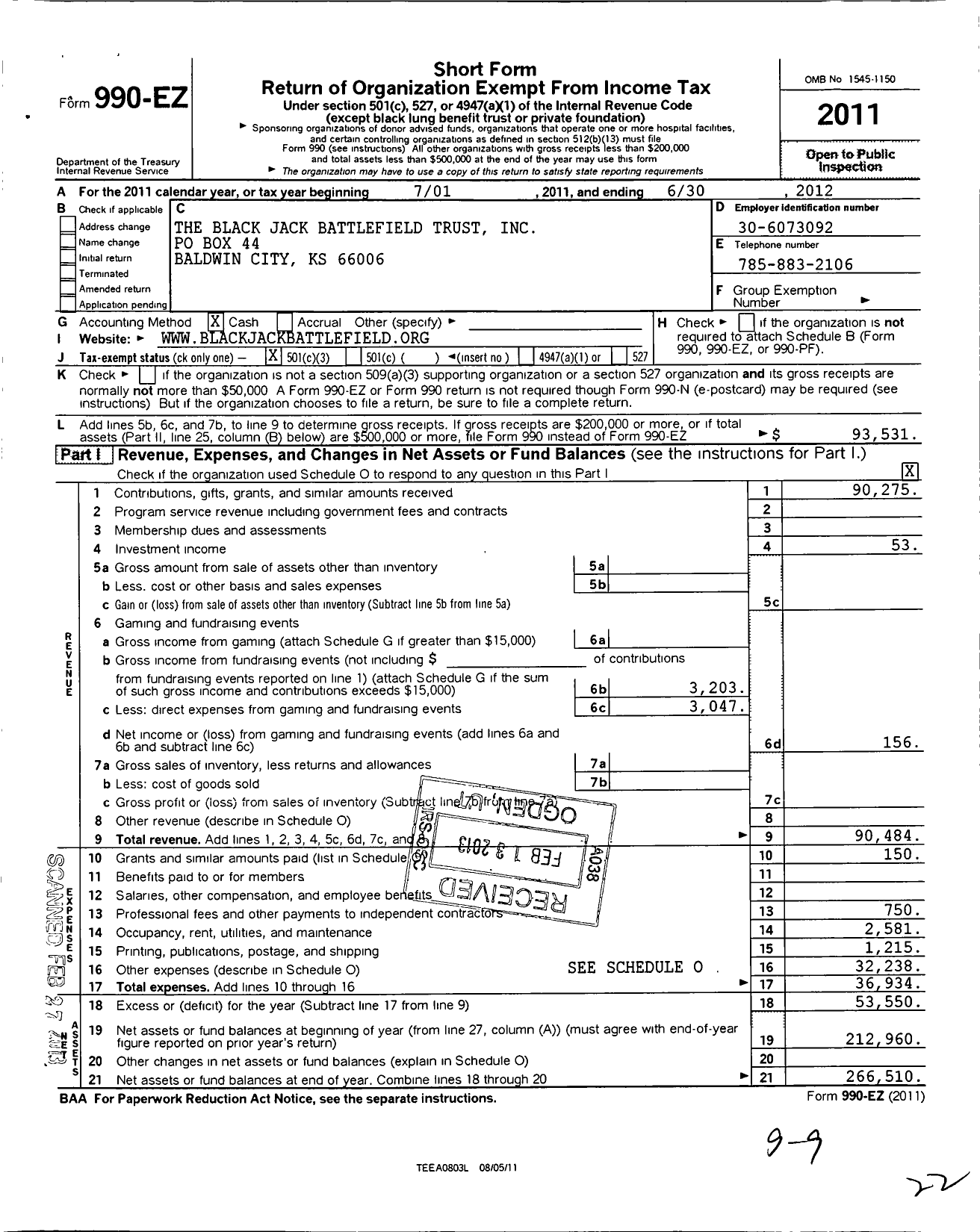 Image of first page of 2011 Form 990EZ for The Blackjack Battlefield Trust