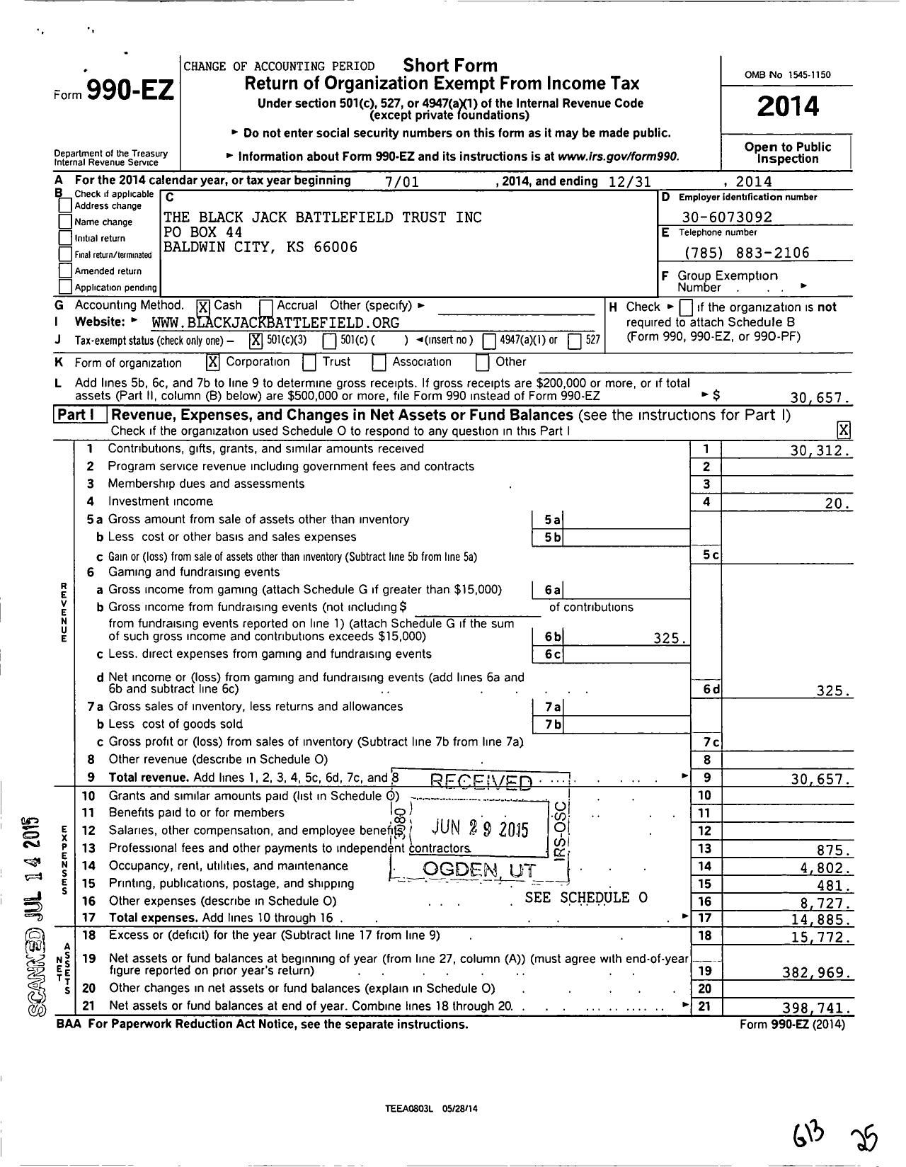 Image of first page of 2014 Form 990EZ for The Blackjack Battlefield Trust