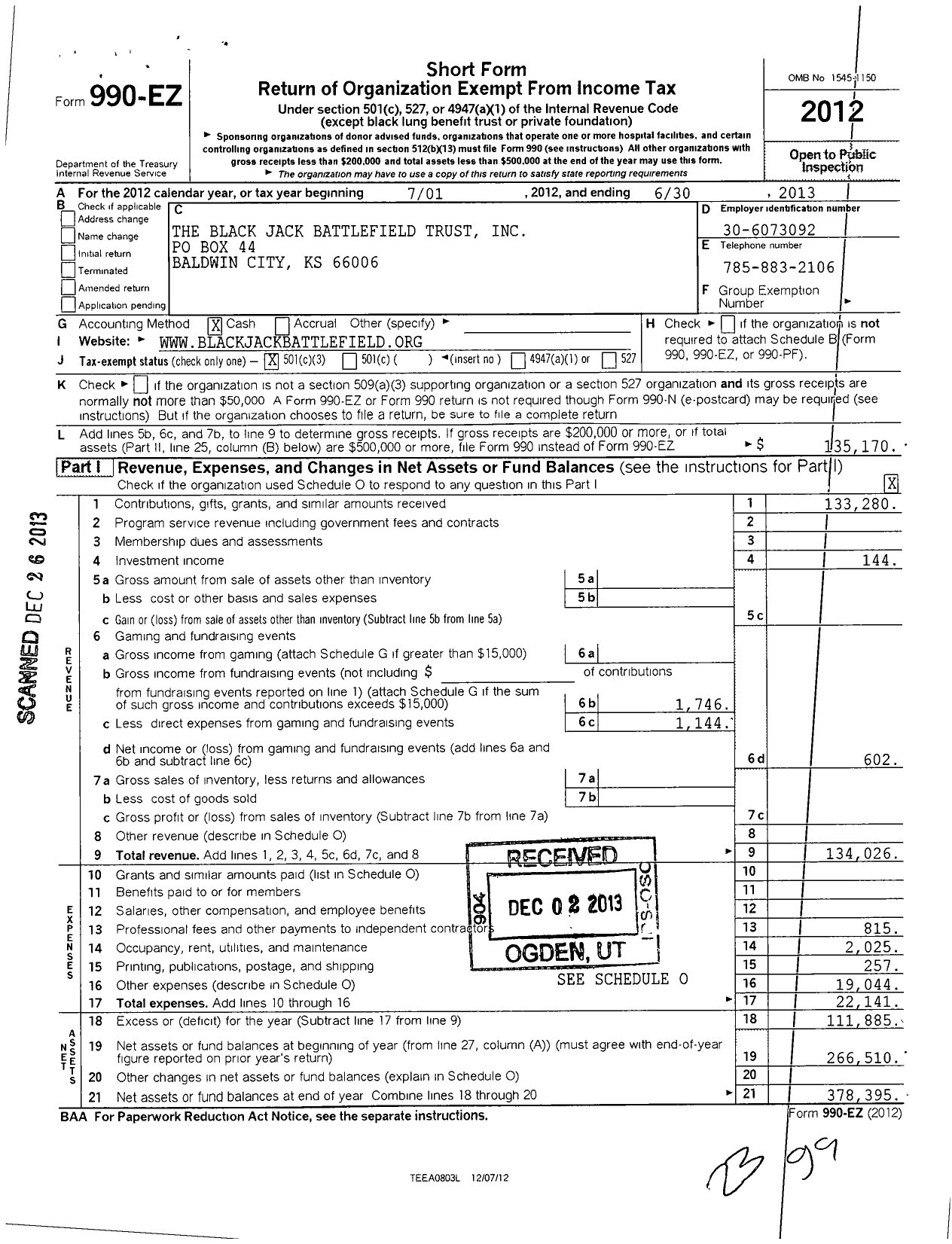 Image of first page of 2012 Form 990EZ for The Blackjack Battlefield Trust