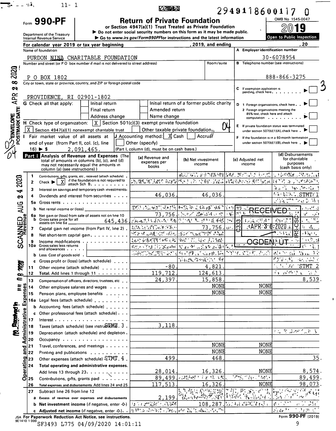 Image of first page of 2019 Form 990PR for Purdon Nina Charitable Foundation