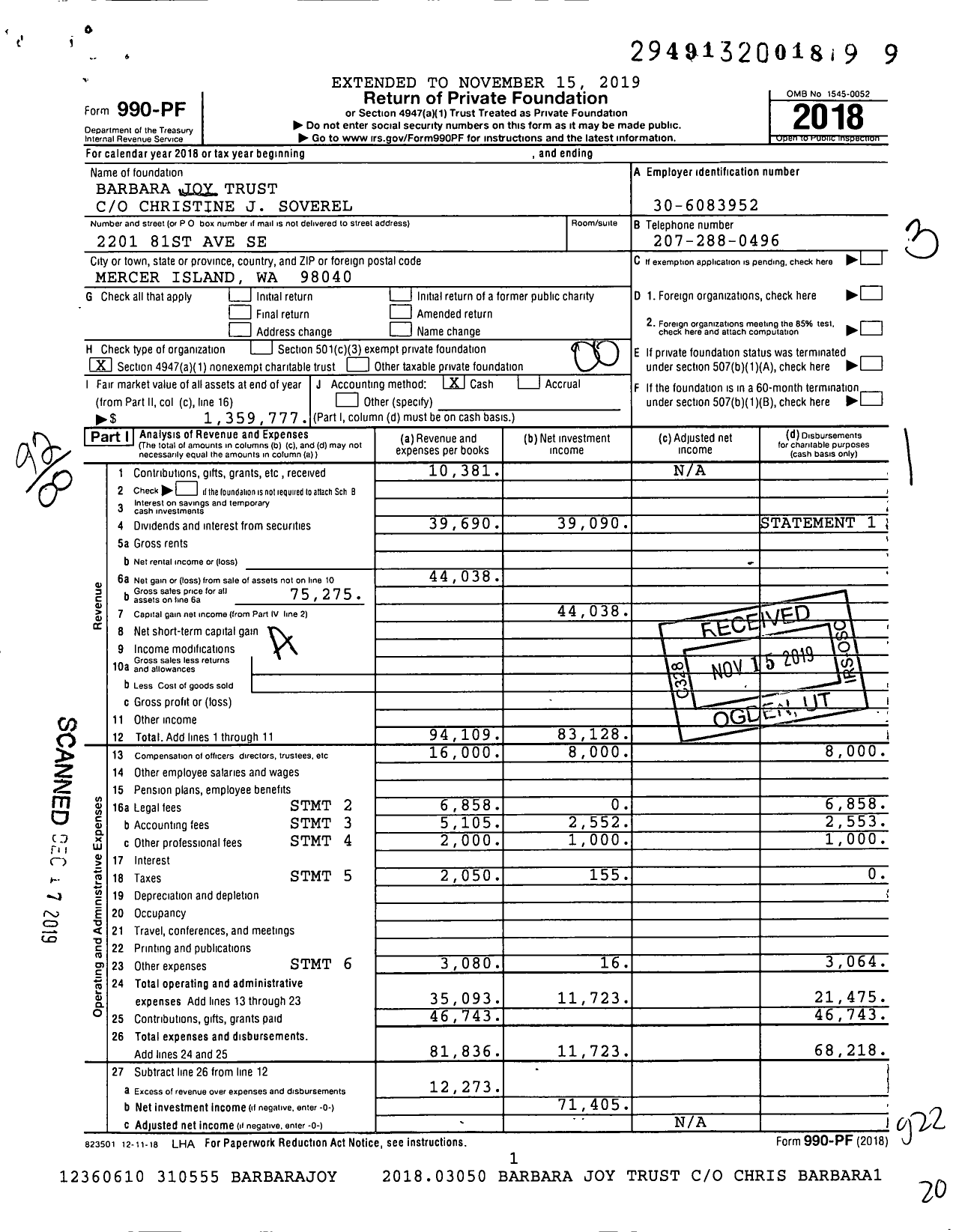 Image of first page of 2018 Form 990PF for Barbara Joy Trust