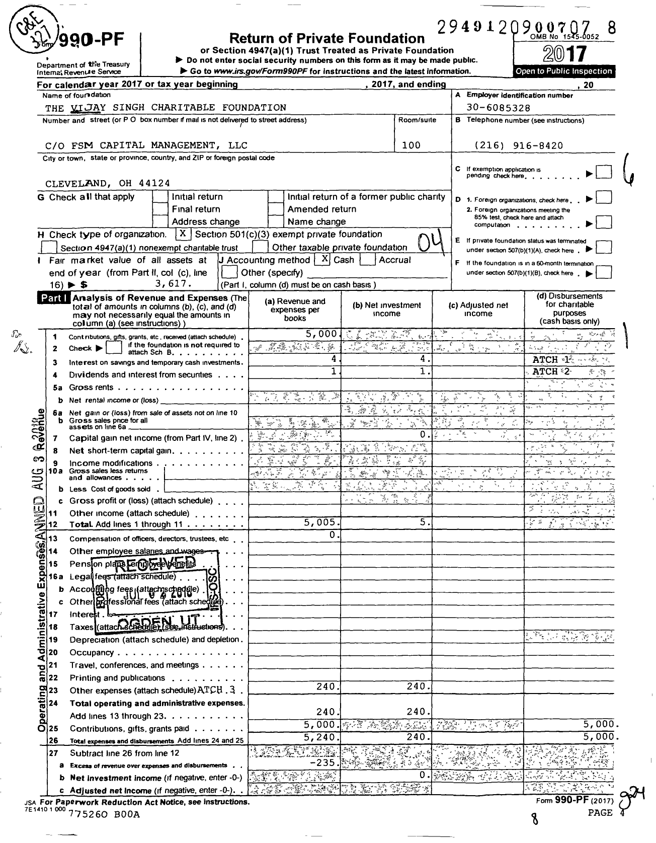 Image of first page of 2017 Form 990PF for The Vijay Singh Charitable Foundation