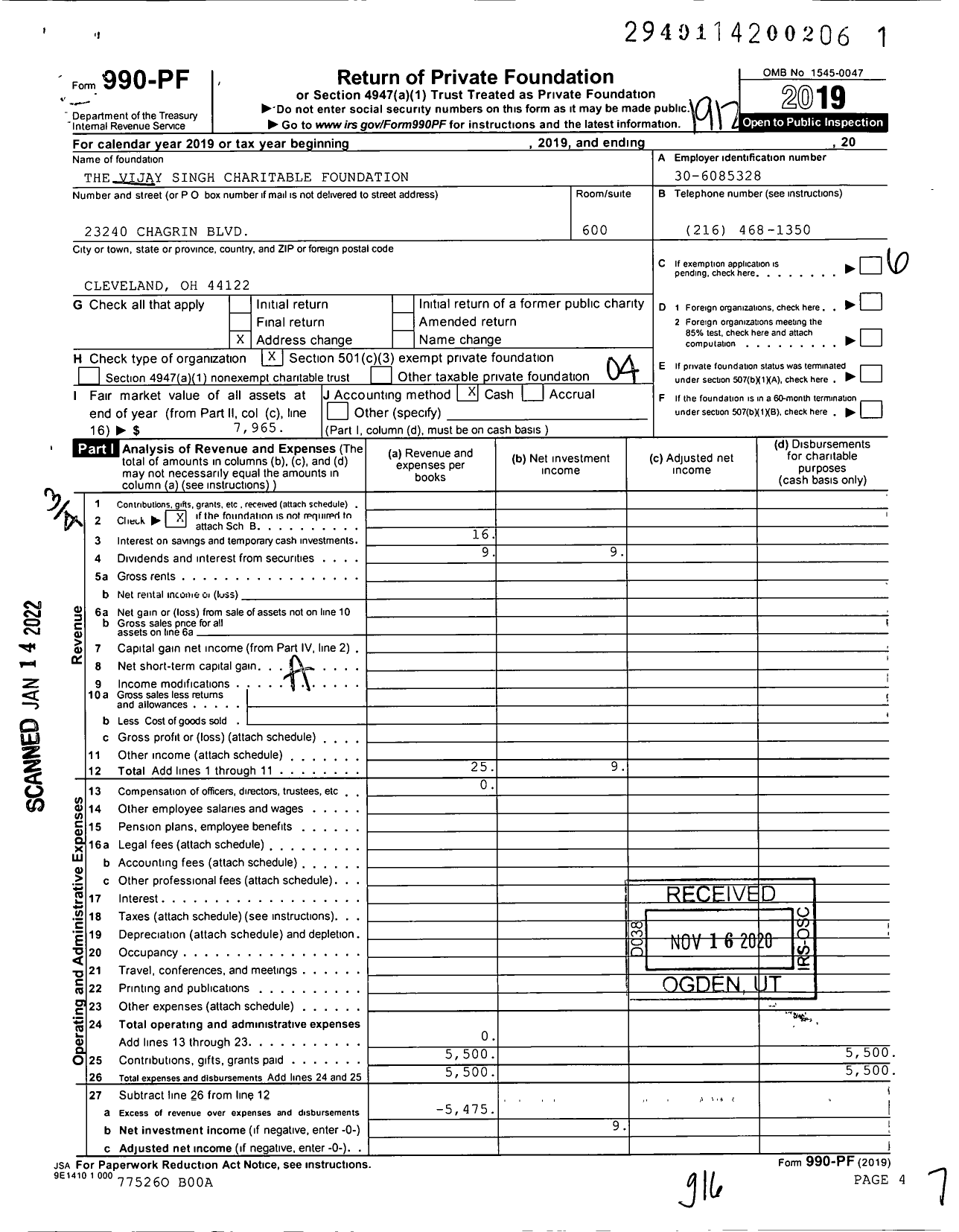 Image of first page of 2019 Form 990PF for The Vijay Singh Charitable Foundation