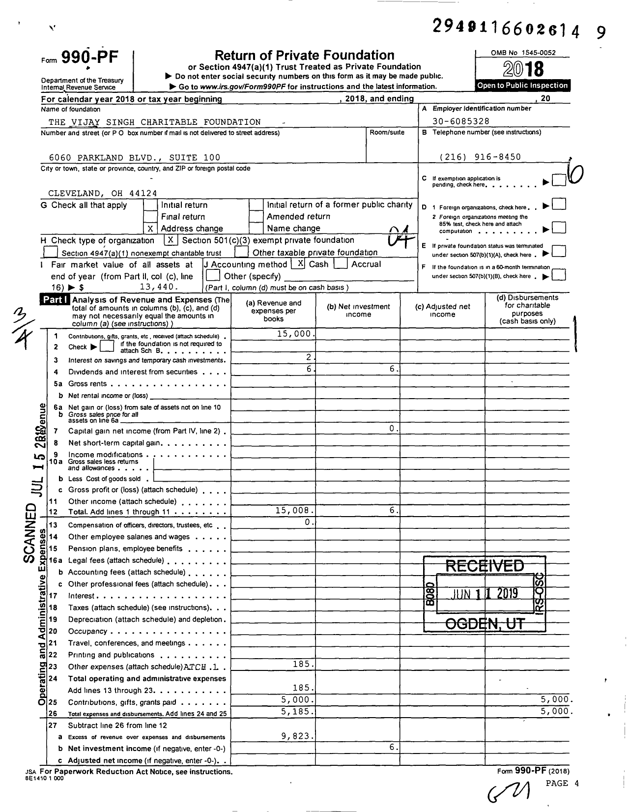 Image of first page of 2018 Form 990PF for The Vijay Singh Charitable Foundation