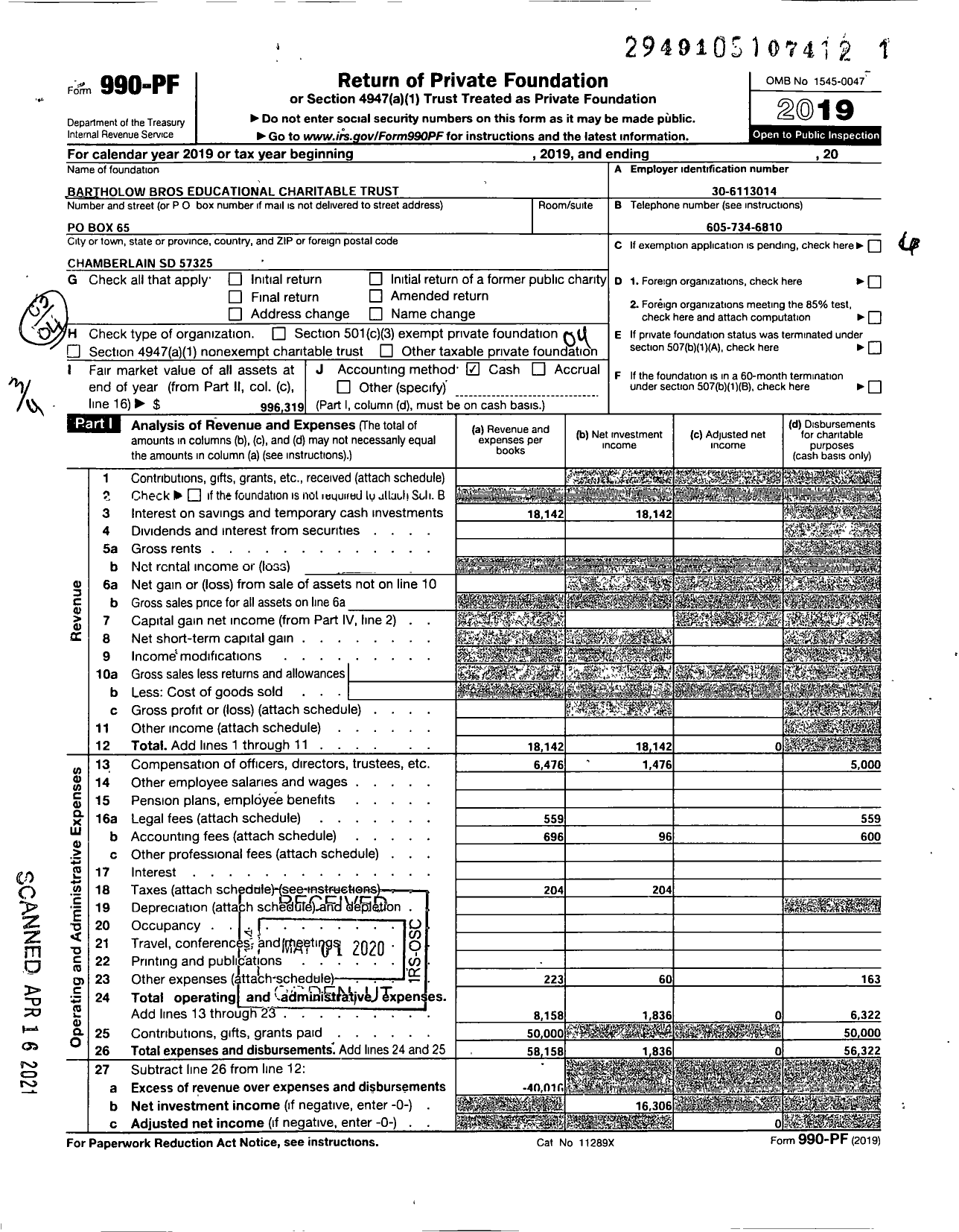 Image of first page of 2019 Form 990PF for Bartholow Brothers Educational Charitable