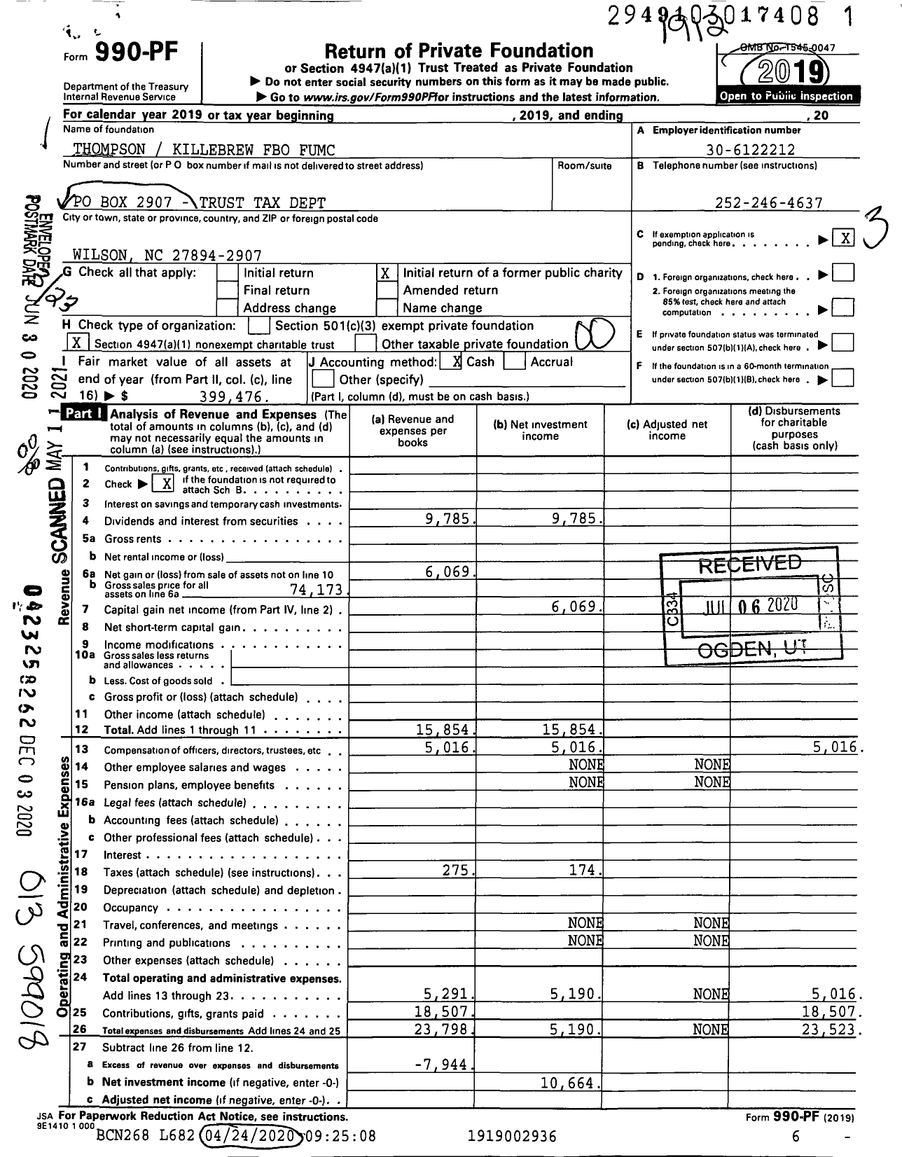 Image of first page of 2019 Form 990PF for Thompsonkillebrew Fbo Fumc