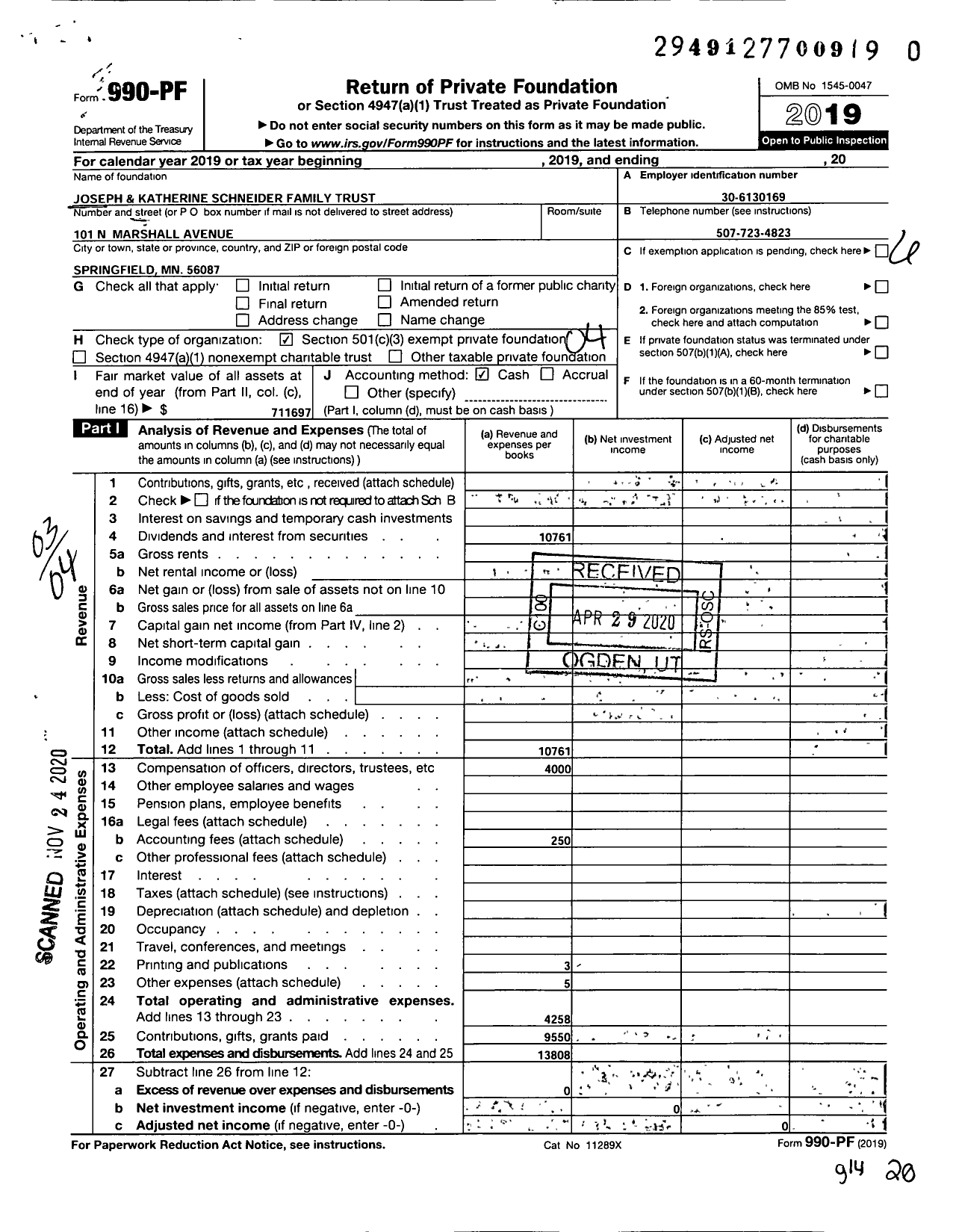 Image of first page of 2019 Form 990PF for Joseph and Katherine Schneider Family Trust