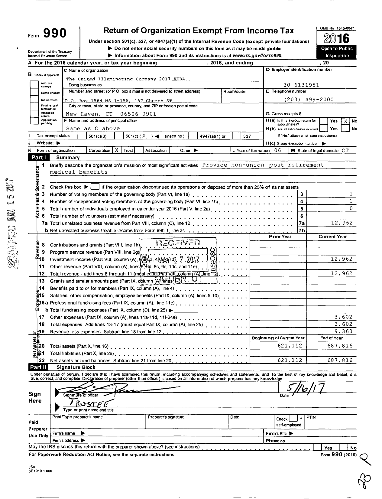 Image of first page of 2016 Form 990O for United Illuminating Company 2017 Veba