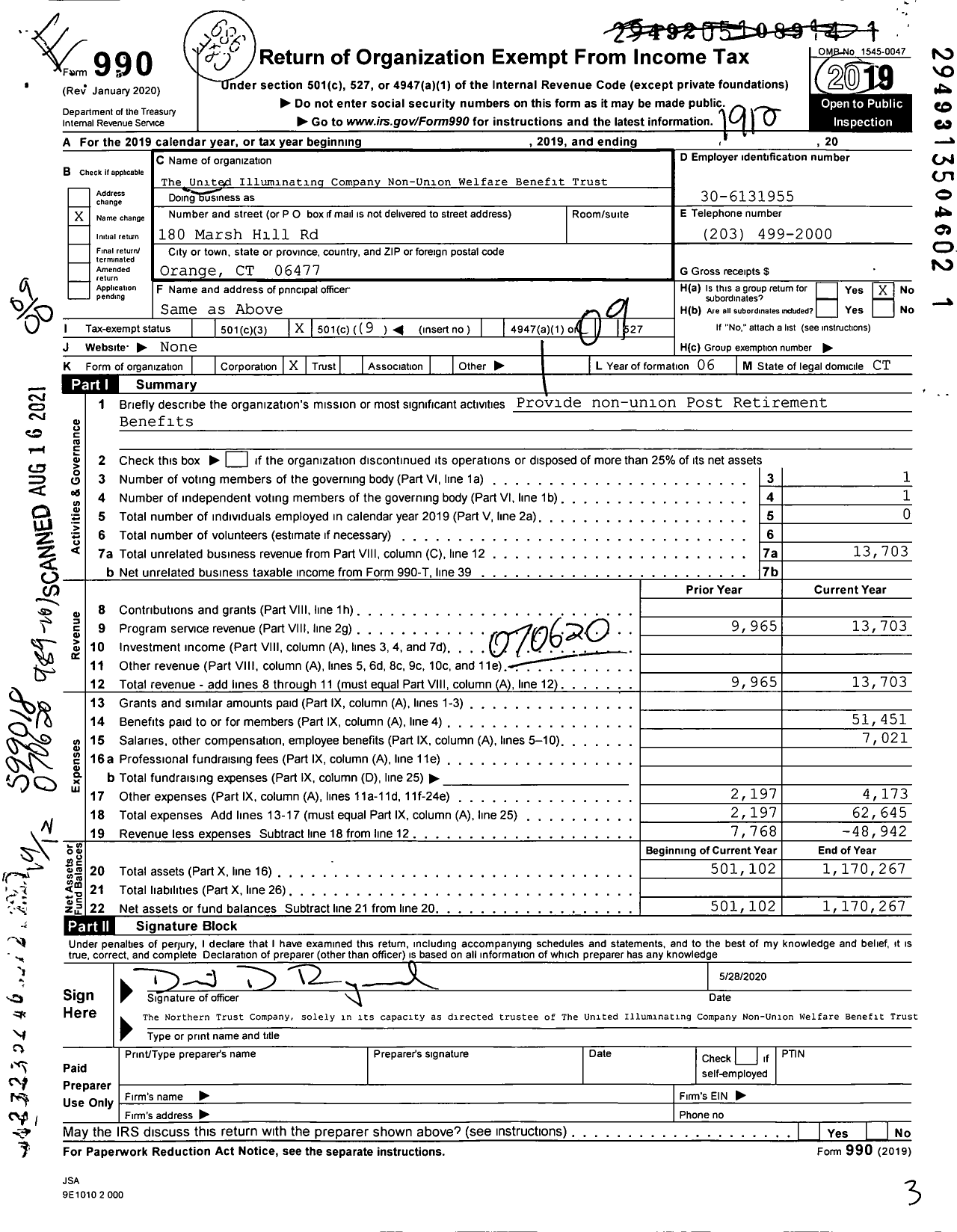Image of first page of 2019 Form 990O for The United Illuminating Company Non-Union WELFARE BENEFIT TRUST
