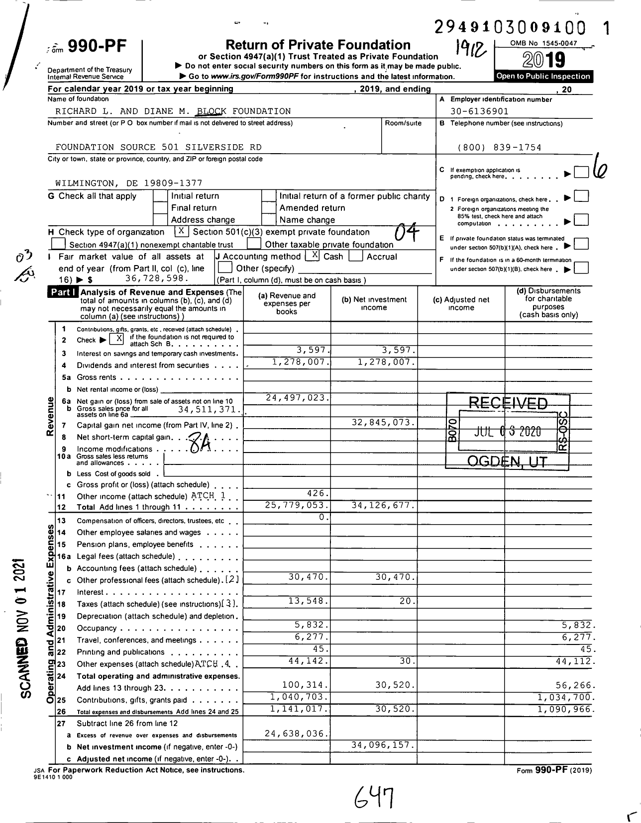 Image of first page of 2019 Form 990PF for Richard L and Diane M Block Foundation