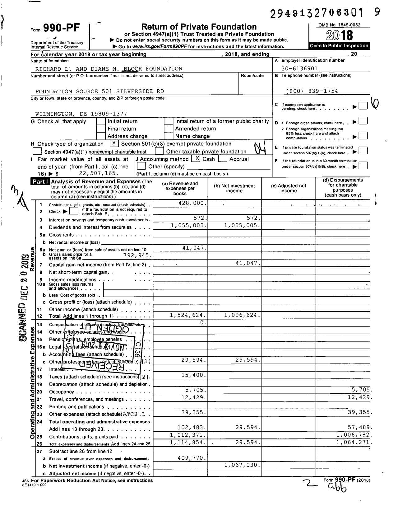 Image of first page of 2018 Form 990PF for Richard L and Diane M Block Foundation