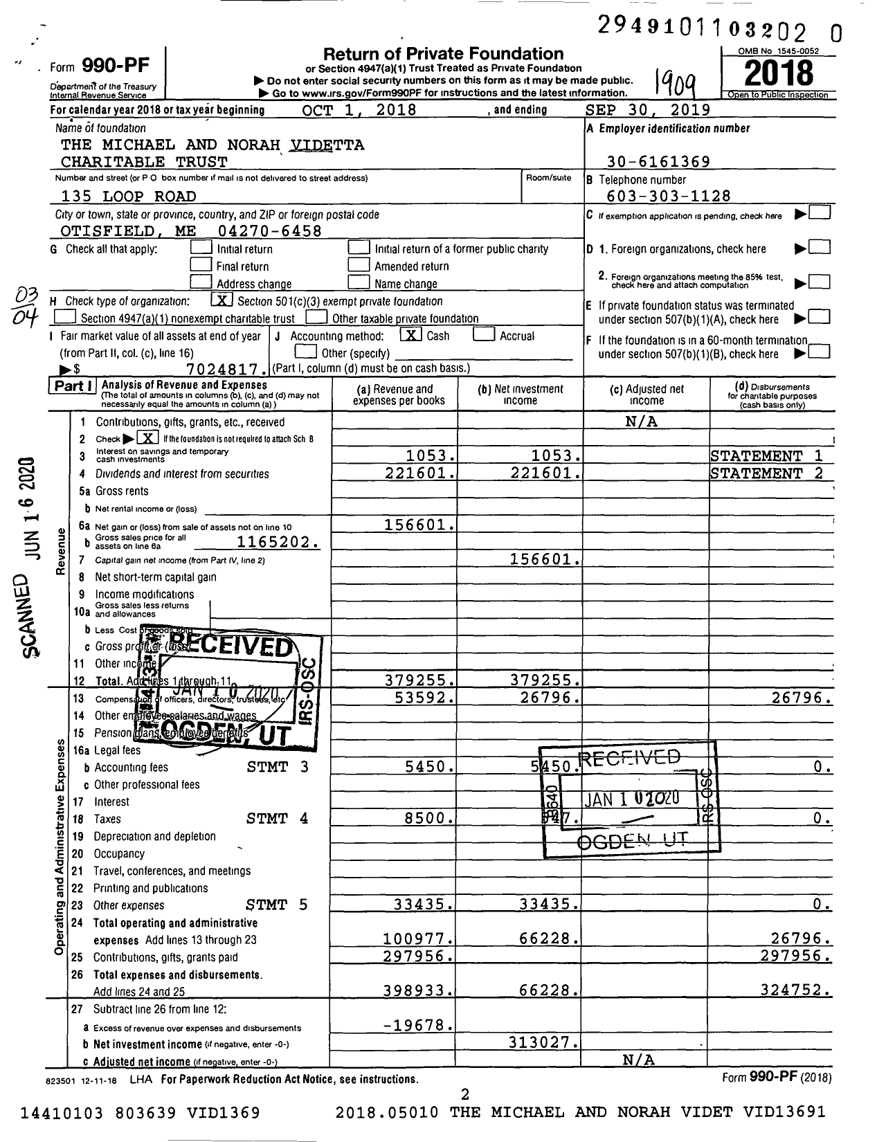 Image of first page of 2018 Form 990PR for The Michael and Norah Videtta Charitable Trust