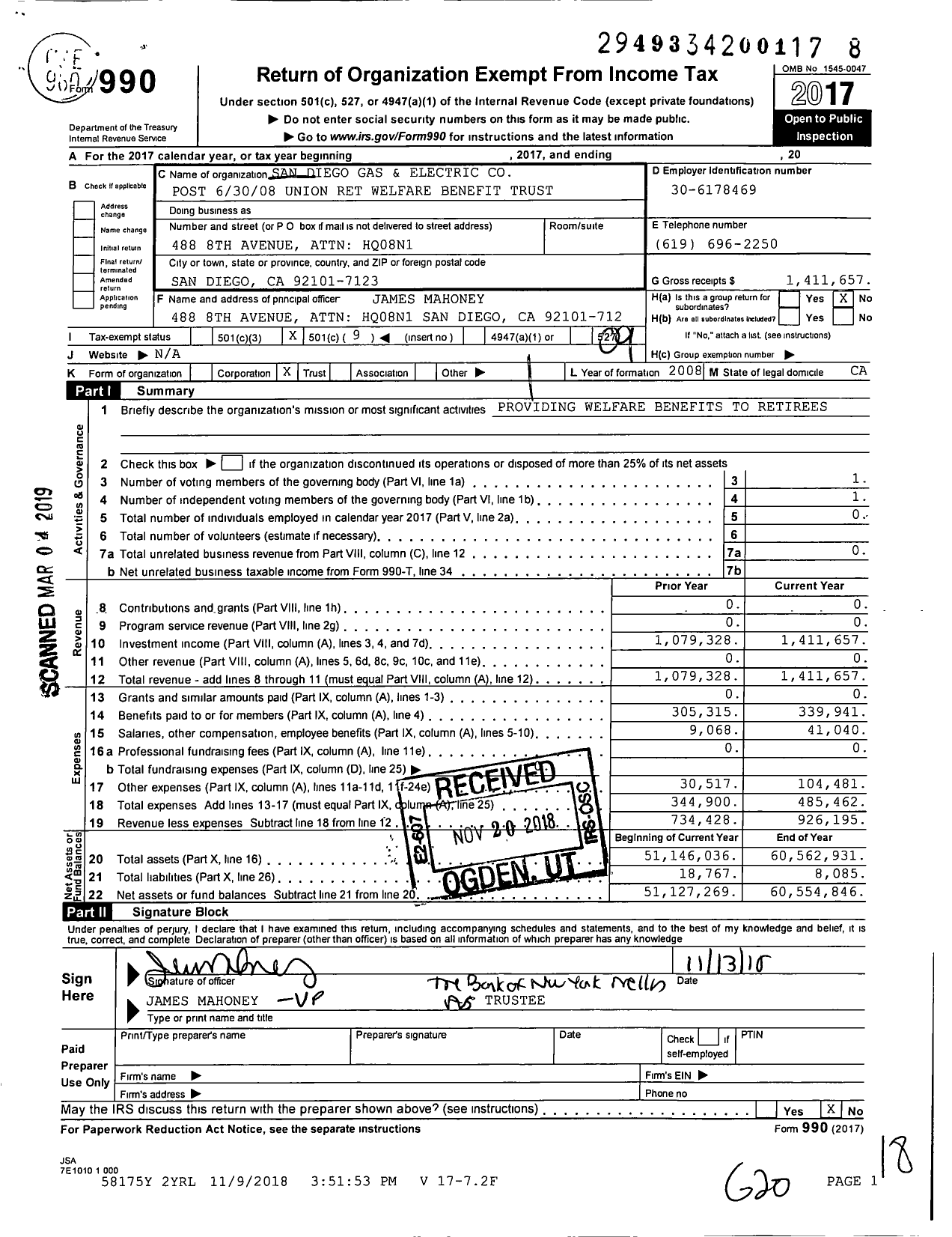 Image of first page of 2017 Form 990O for San Diego Gas and Electric Post 6 / 30 / 08 Union Ret Welfare Benefit Trust