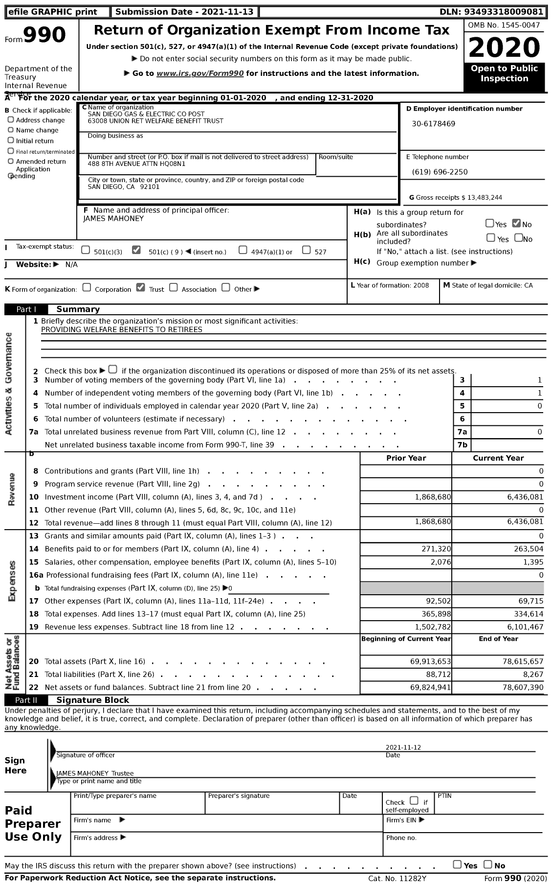 Image of first page of 2020 Form 990 for San Diego Gas and Electric Post 6 / 30 / 08 Union Ret Welfare Benefit Trust