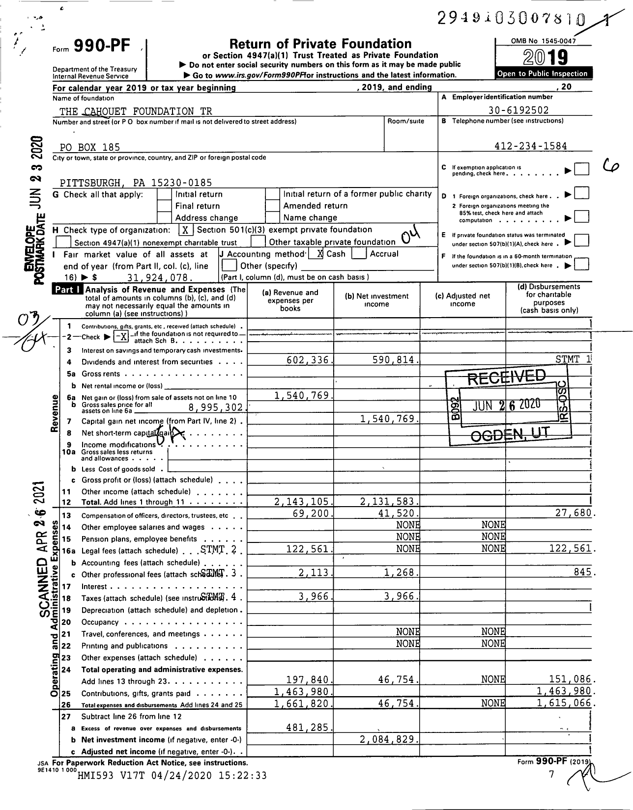 Image of first page of 2019 Form 990PF for The Cahouet Foundation Trust
