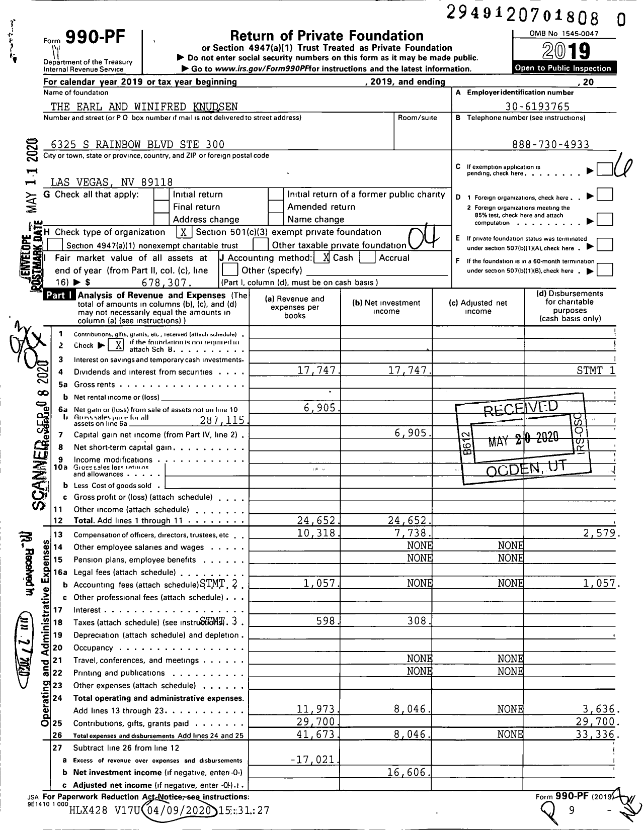 Image of first page of 2019 Form 990PR for The Earl and Winifred Knudsen