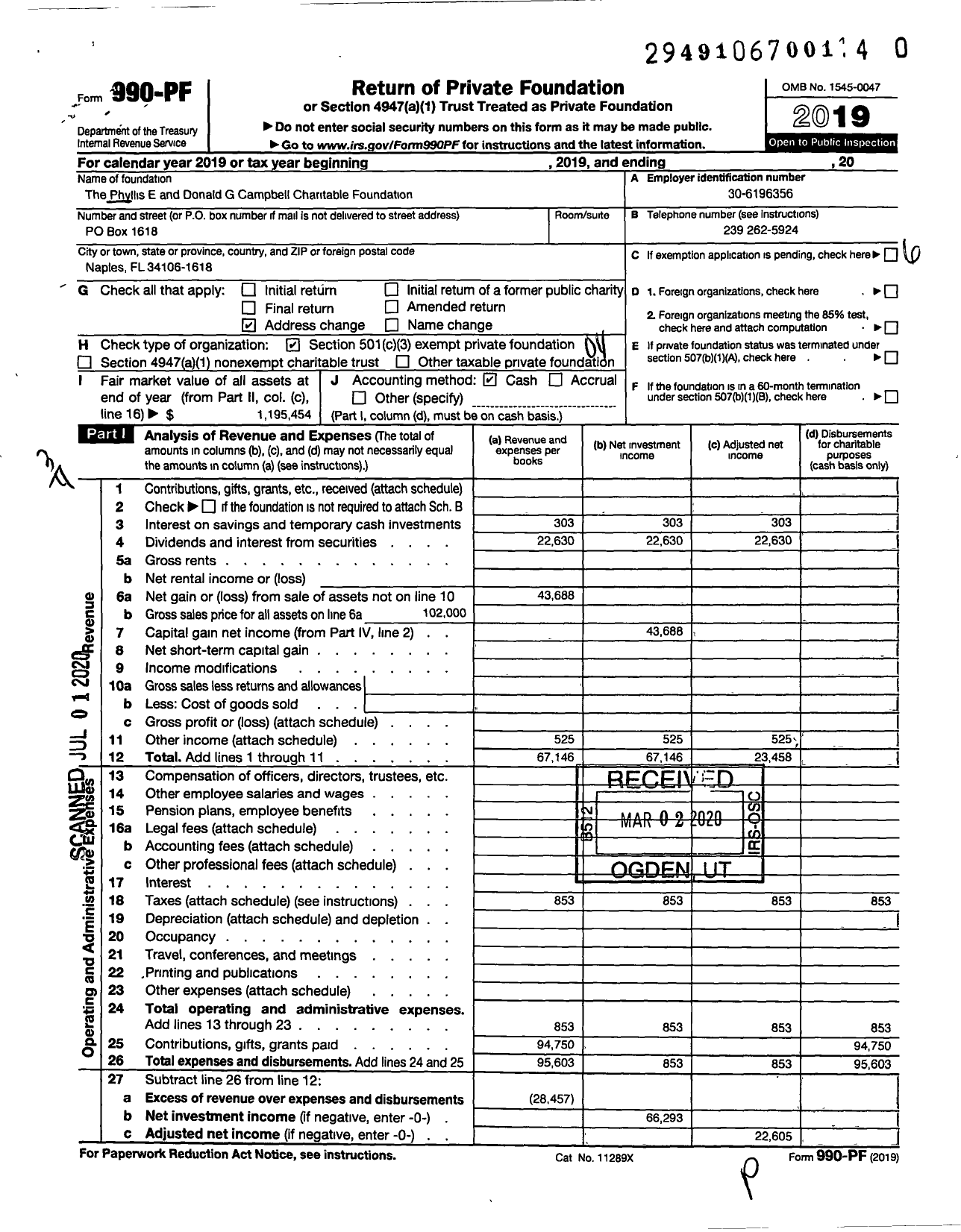 Image of first page of 2019 Form 990PR for The Phyllis E and Donald G Campbell Charitable Foundation