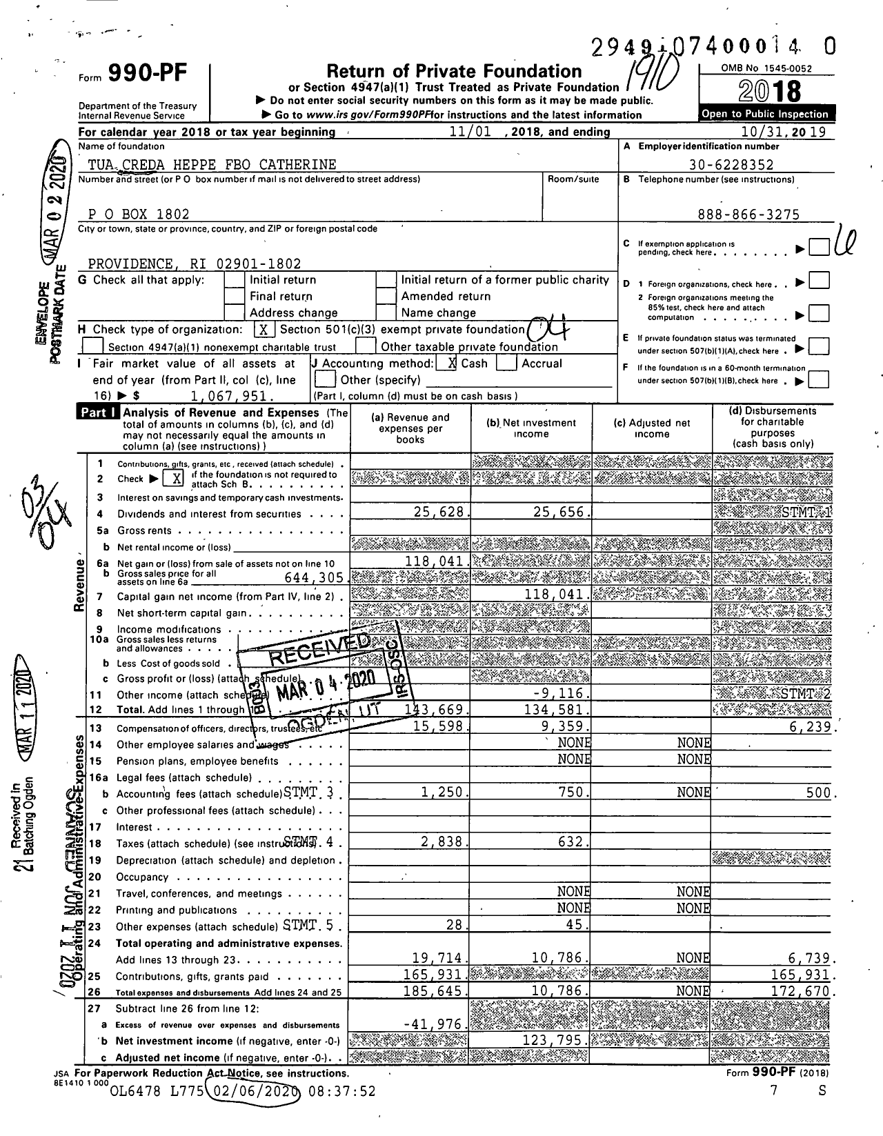 Image of first page of 2018 Form 990PR for Tua Creda Heppe Fbo Catherine