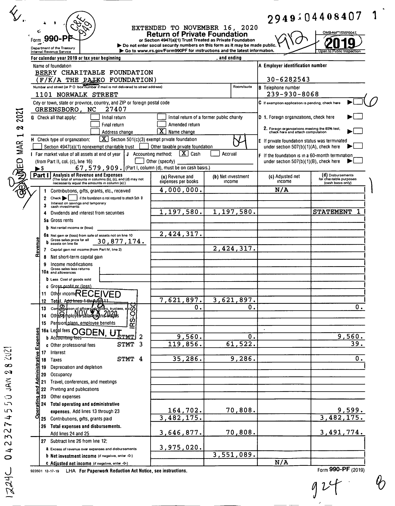 Image of first page of 2019 Form 990PF for Berry Charitable Foundation