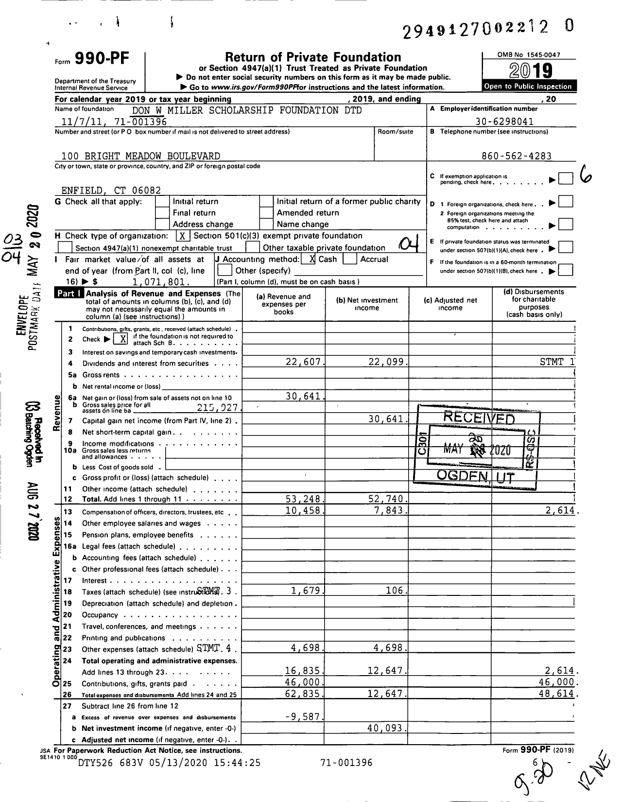 Image of first page of 2019 Form 990PF for Don W Miller Scholarship Foundation DTD