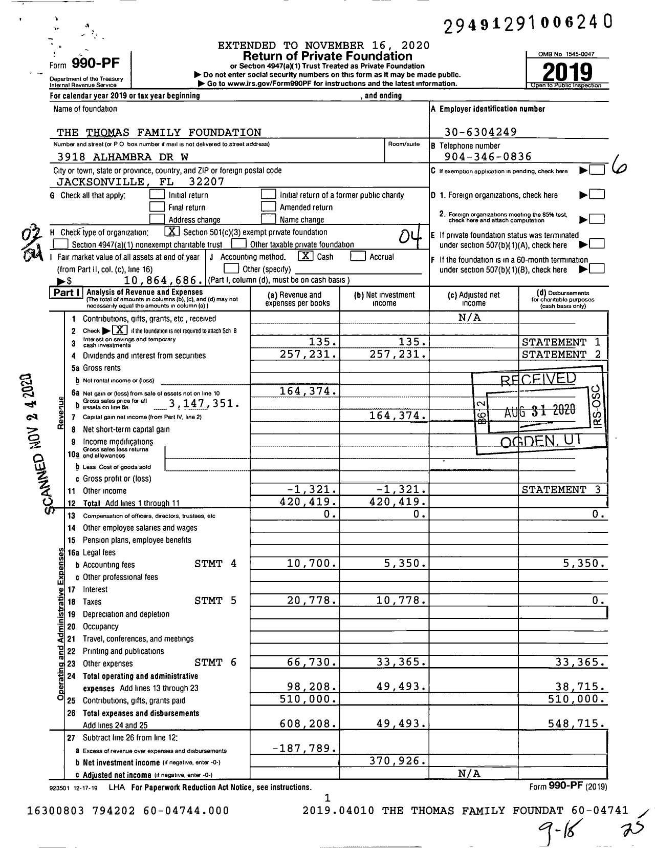 Image of first page of 2019 Form 990PF for The Thomas Family Foundation