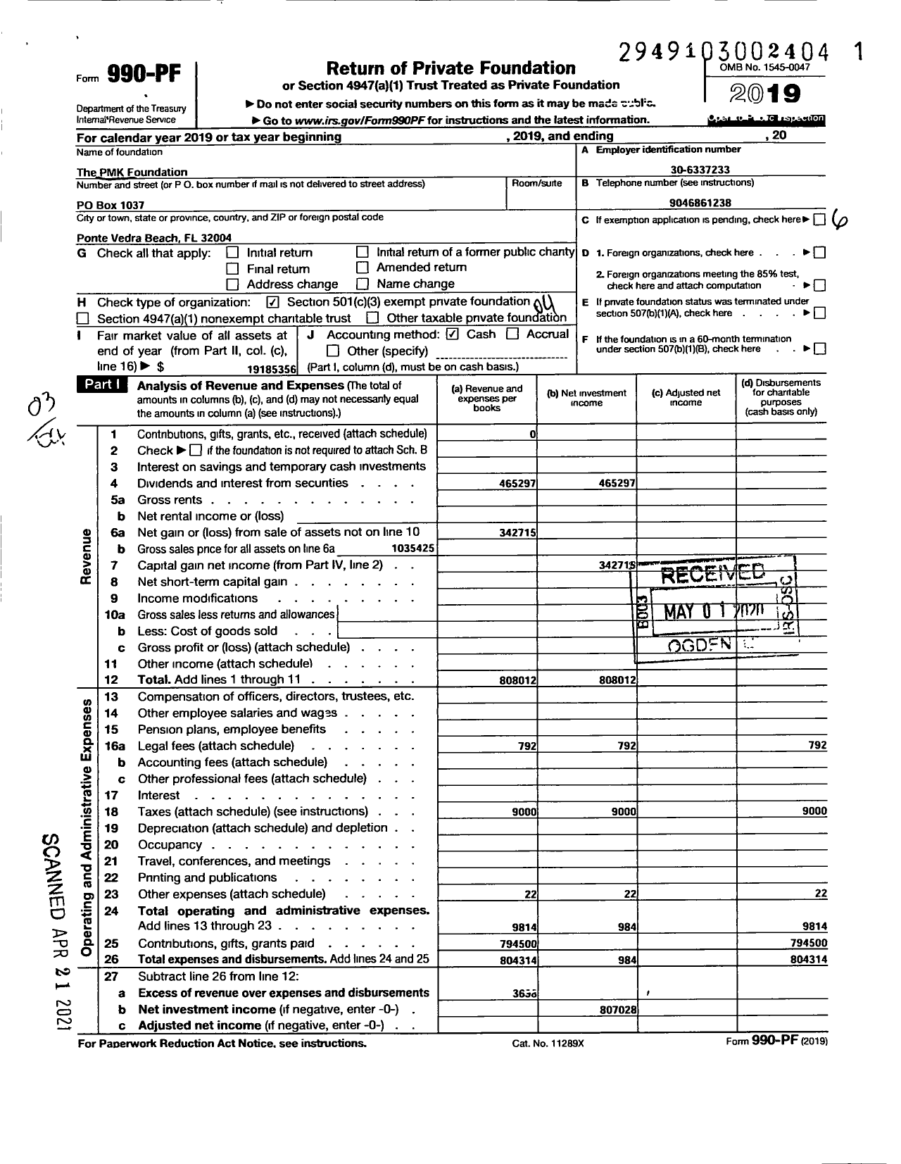 Image of first page of 2019 Form 990PF for The PMK Foundation