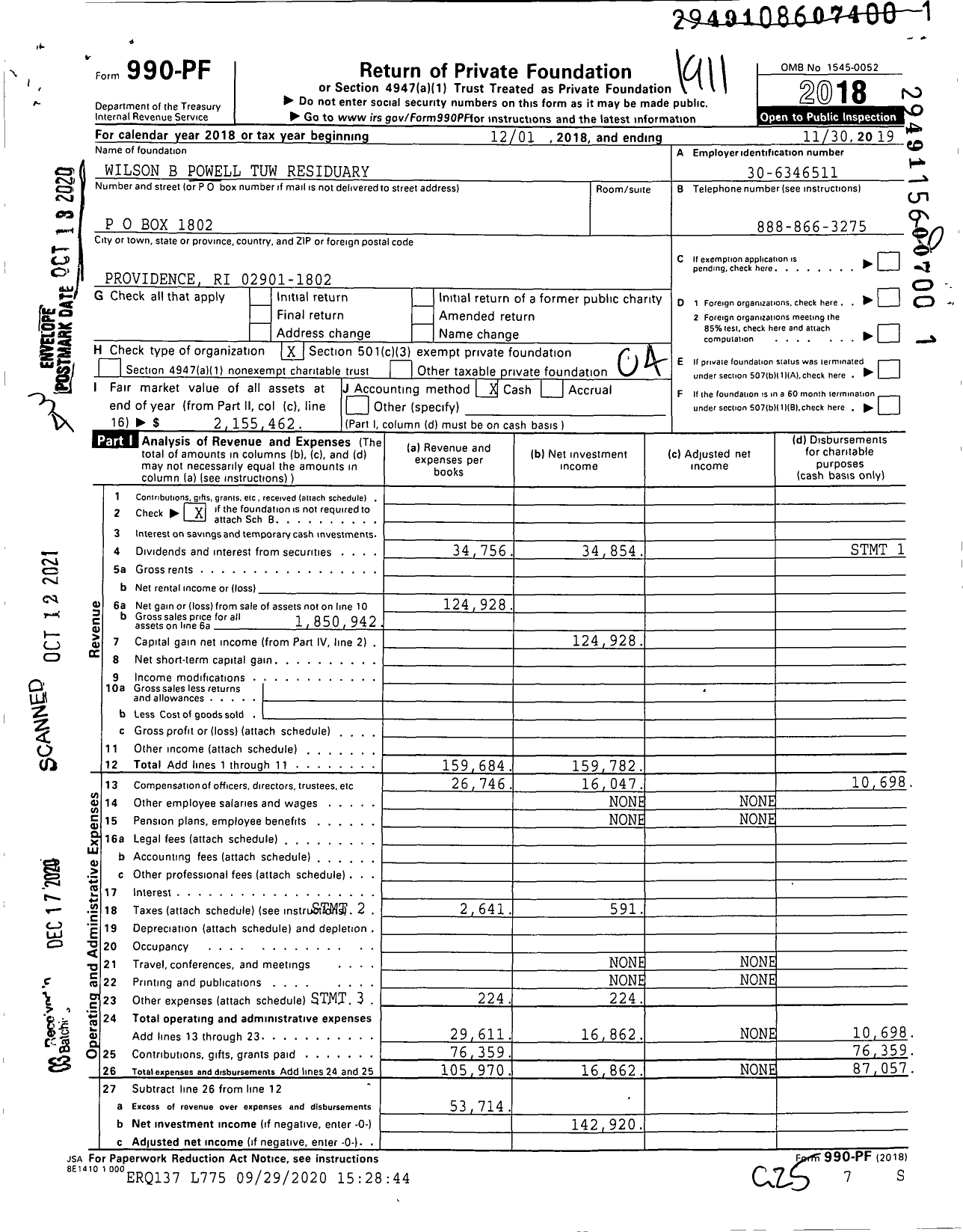 Image of first page of 2018 Form 990PF for Wilson B Powell Tuw Residuary