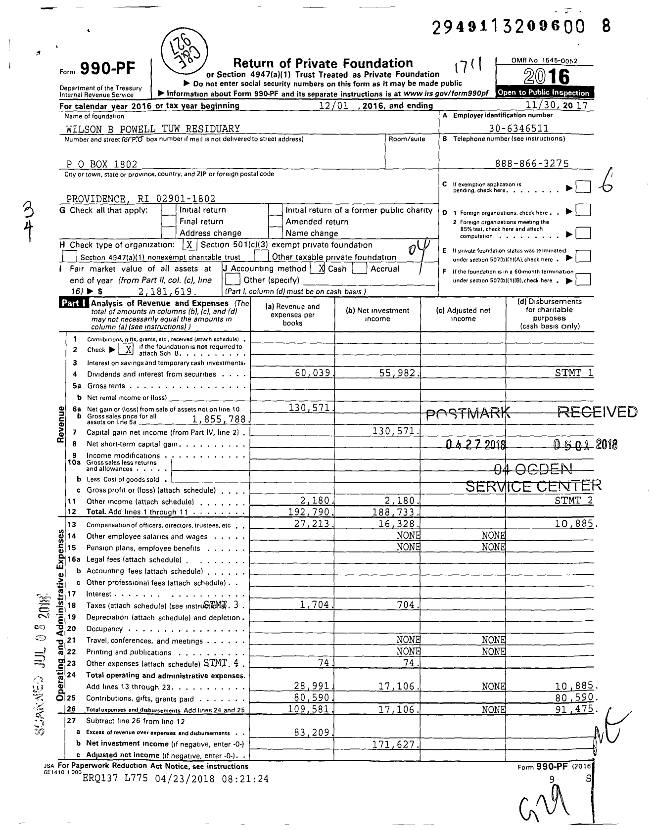 Image of first page of 2016 Form 990PF for Wilson B Powell Tuw Residuary