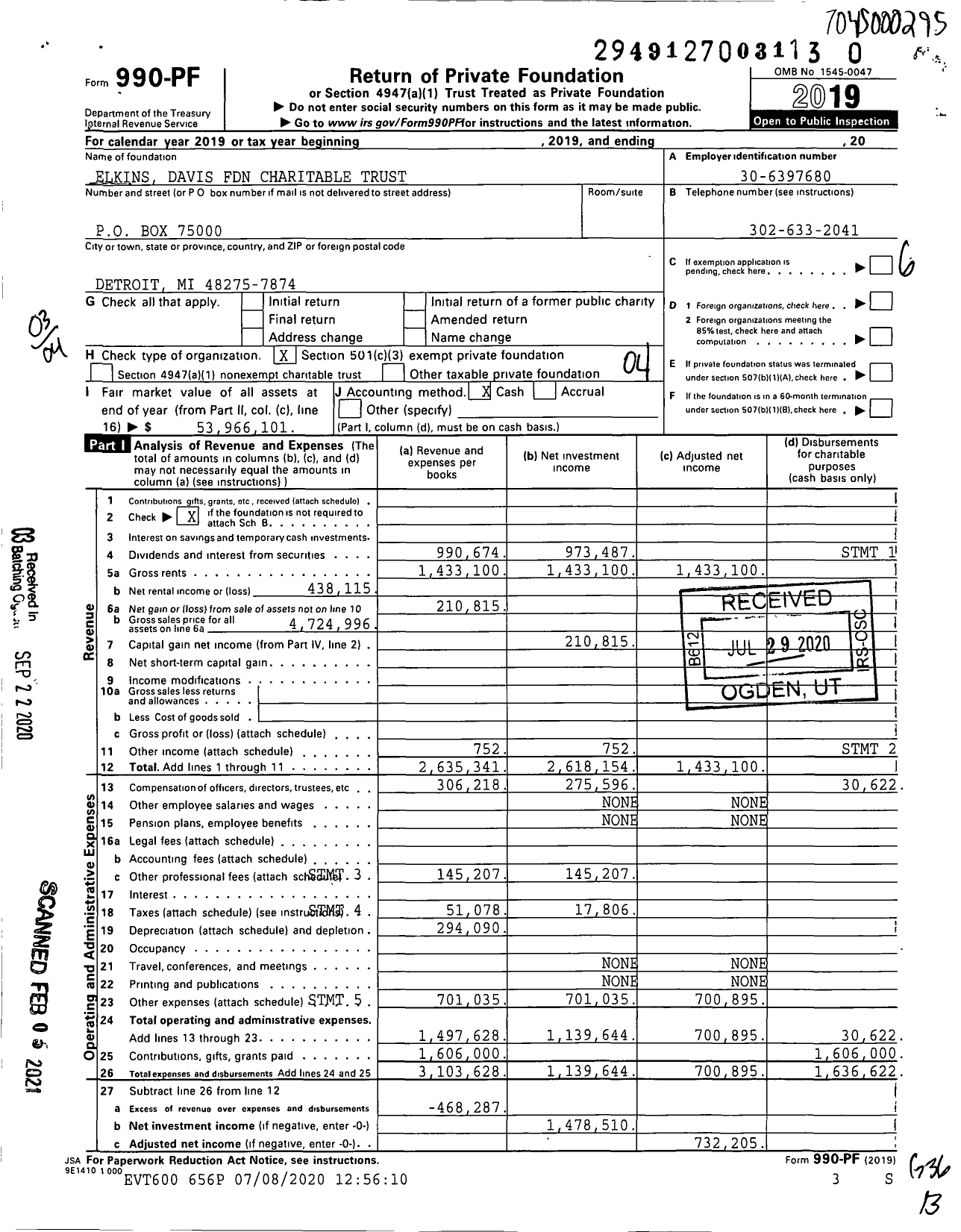 Image of first page of 2019 Form 990PF for Elkins Davis Foundation Charitable Trust