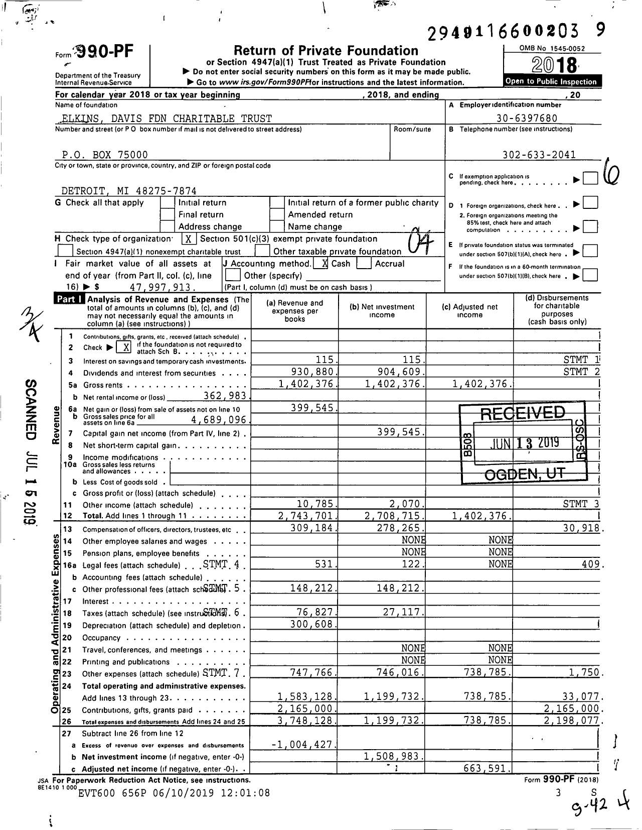 Image of first page of 2018 Form 990PF for Elkins Davis Foundation Charitable Trust