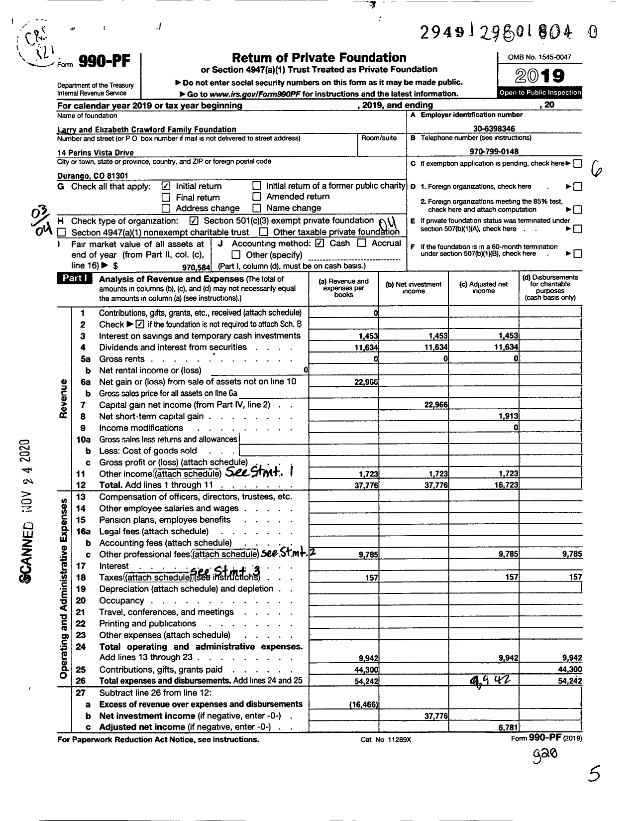 Image of first page of 2019 Form 990PF for Larry and Elizabeth Crawford Family Foundation