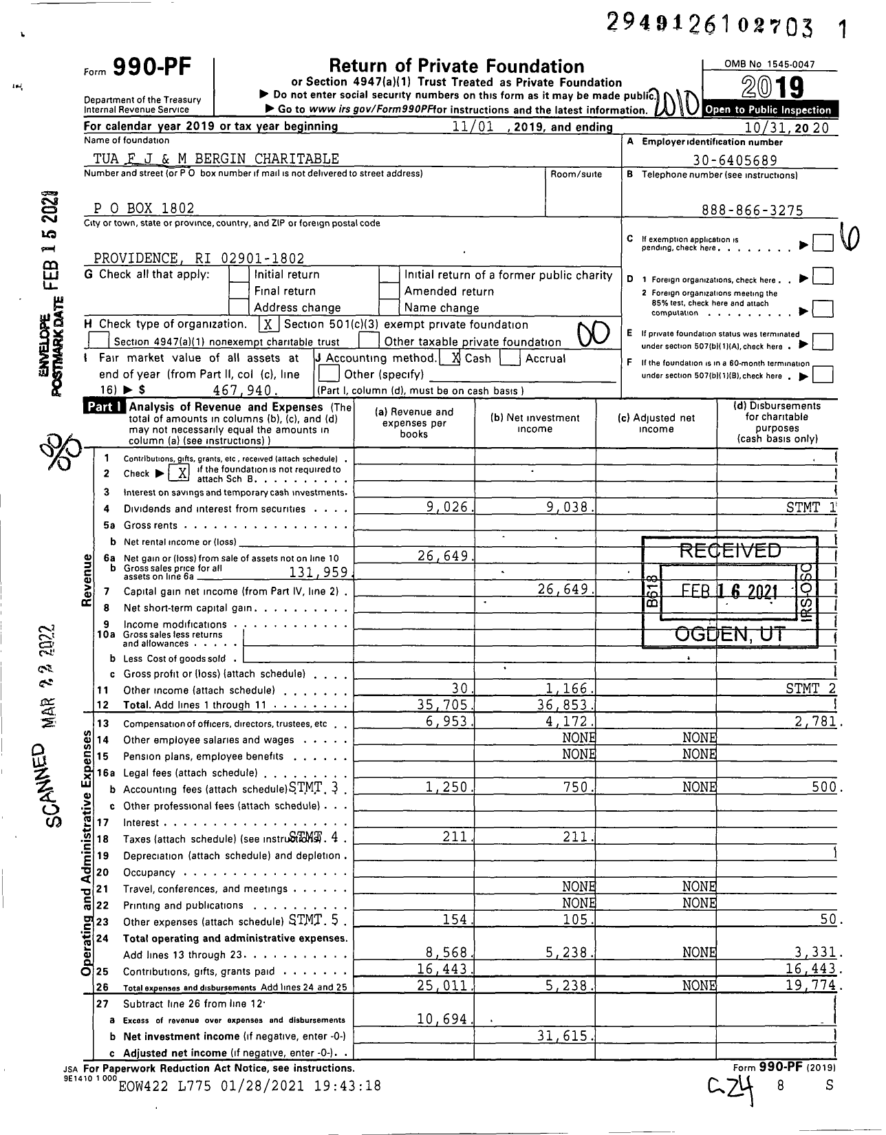 Image of first page of 2019 Form 990PF for F J and M Bergin Charitable Trust