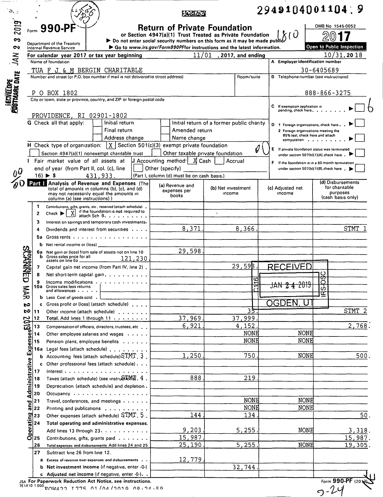 Image of first page of 2017 Form 990PF for F J and M Bergin Charitable Trust