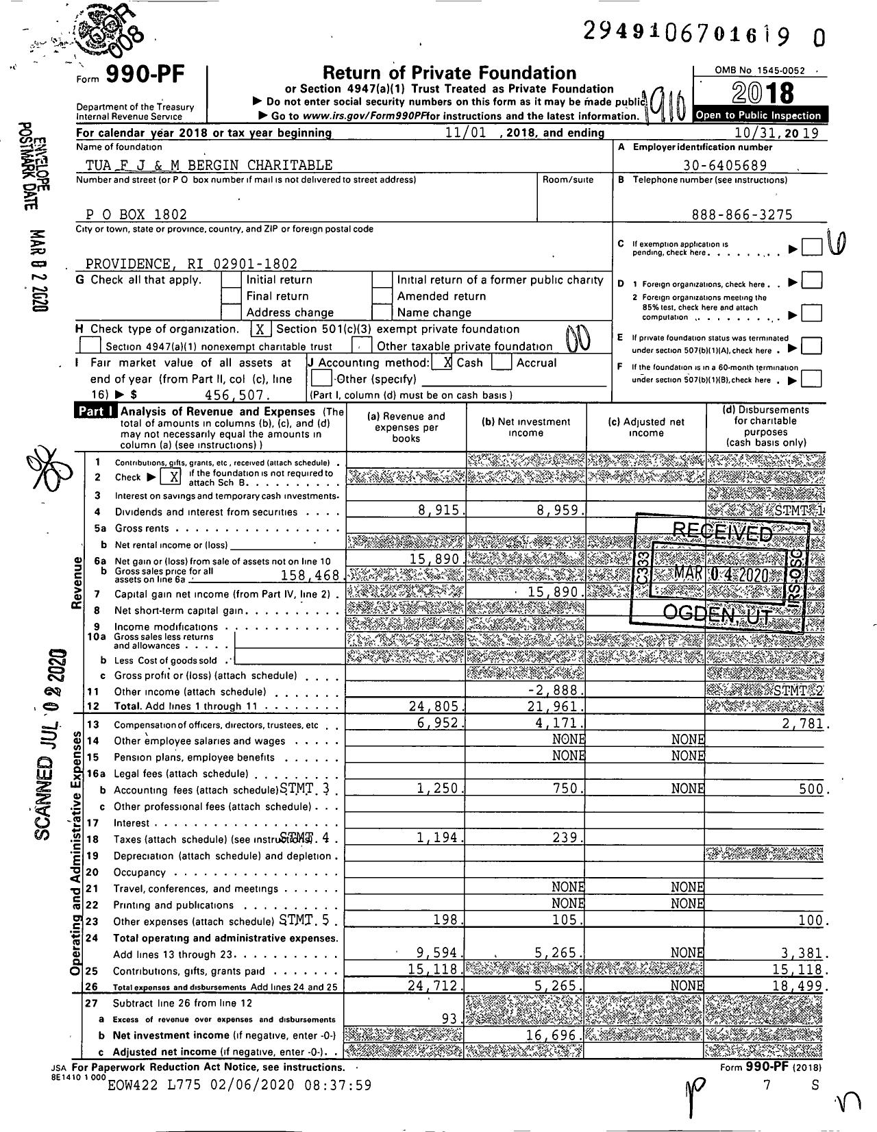 Image of first page of 2018 Form 990PR for F J and M Bergin Charitable Trust