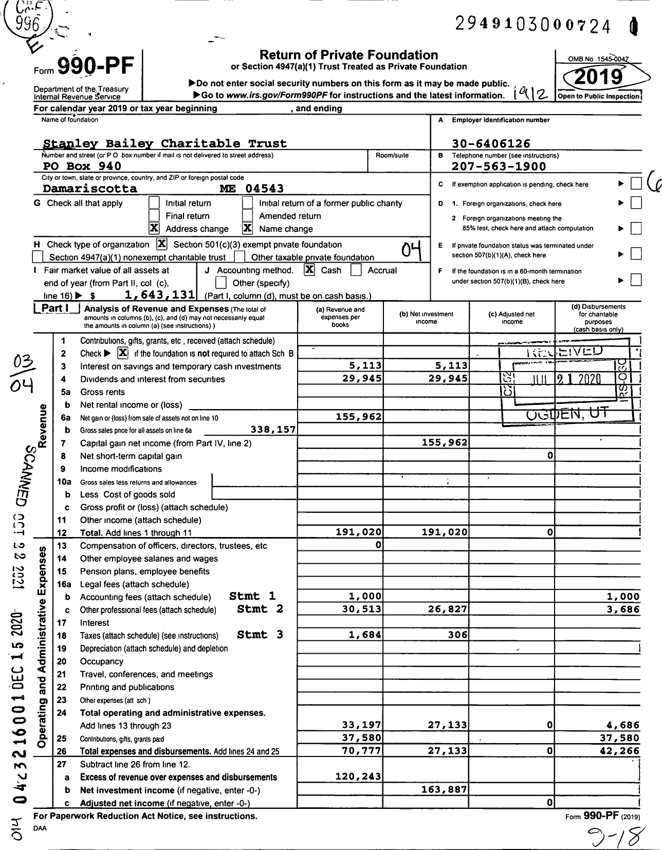 Image of first page of 2019 Form 990PF for Stanley Bailey Charitable Trust