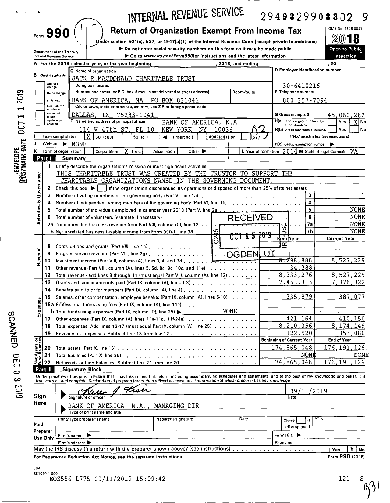 Image of first page of 2018 Form 990 for Jack R Macdonald Charitable Trust