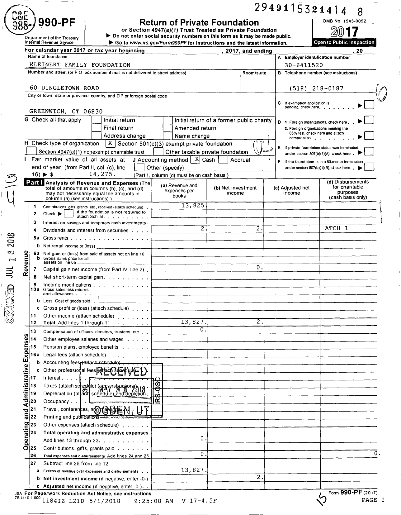 Image of first page of 2017 Form 990PF for Kleinert Family Foundation