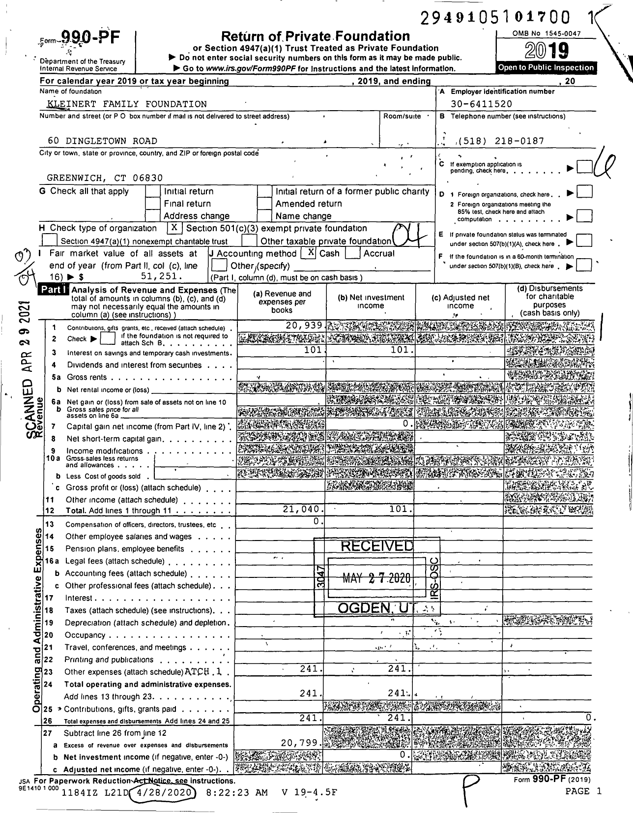 Image of first page of 2019 Form 990PF for Kleinert Family Foundation