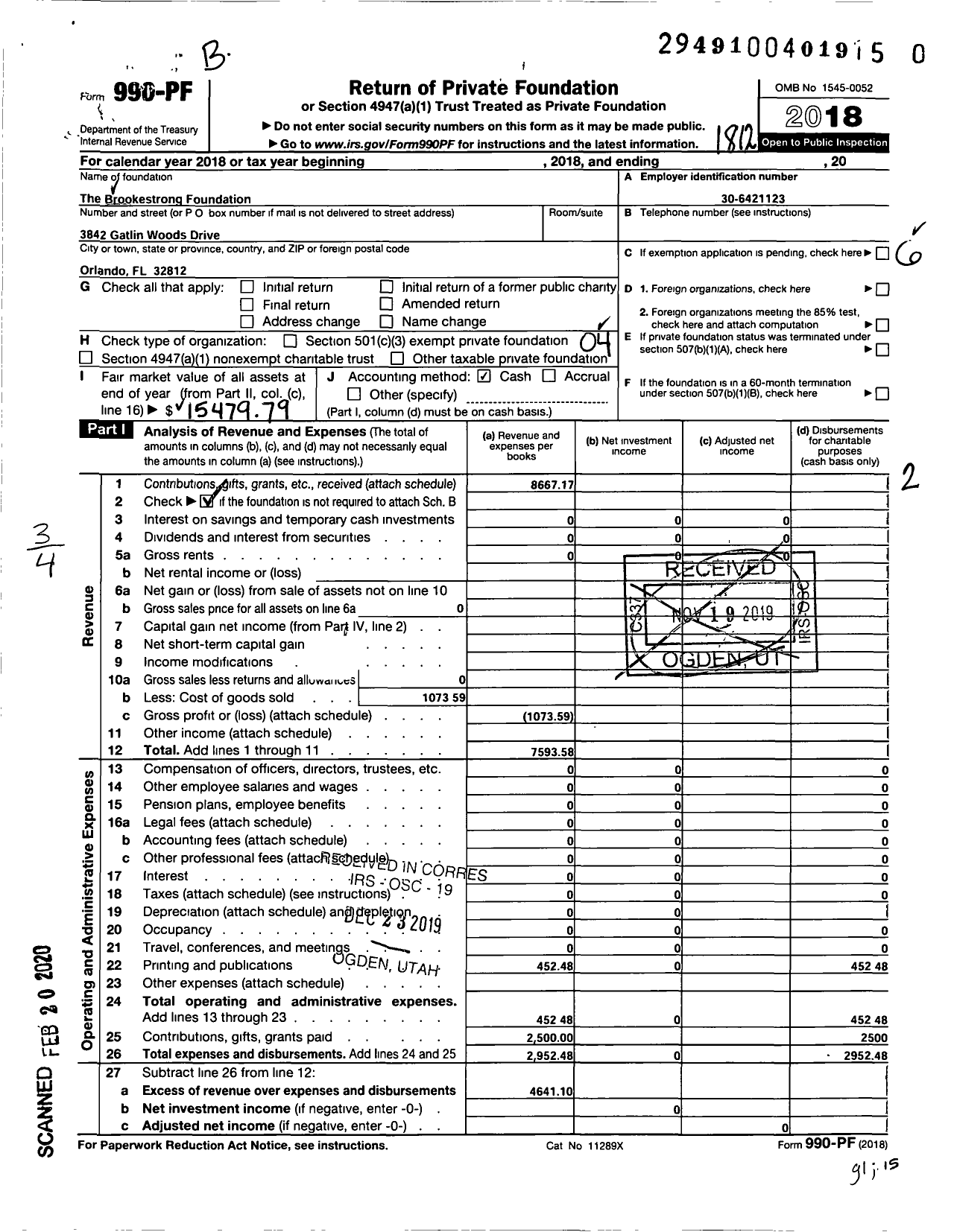 Image of first page of 2018 Form 990PF for Brookestrong Foundation