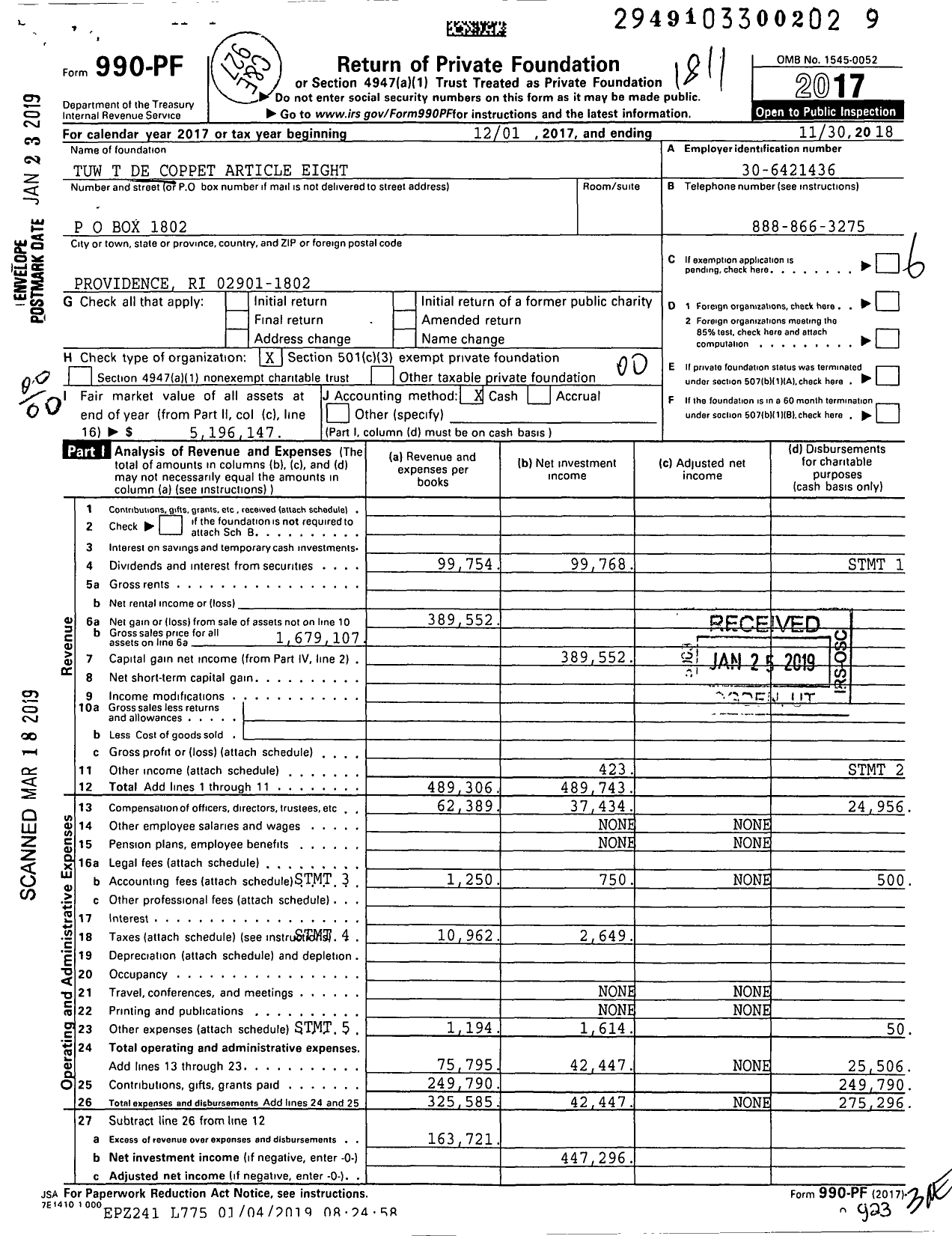 Image of first page of 2017 Form 990PF for Tuw T de Coppet Article Eight