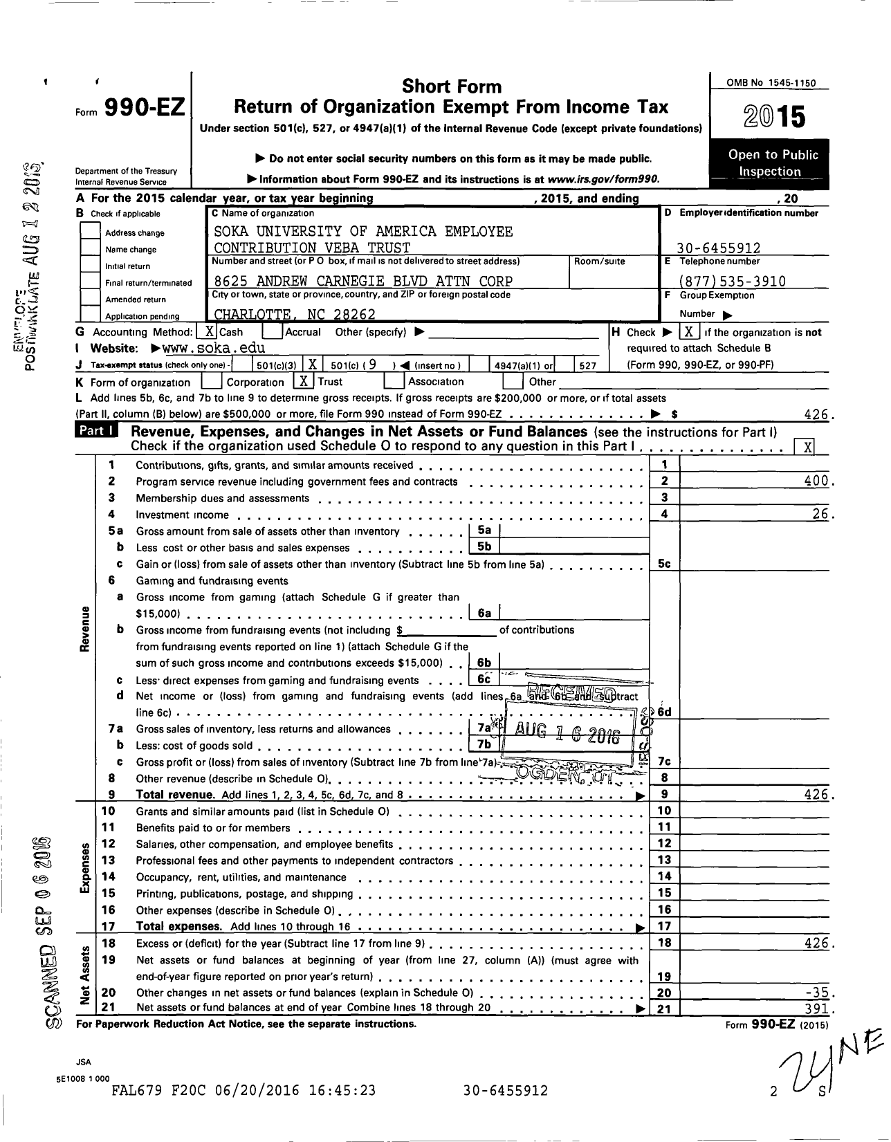 Image of first page of 2015 Form 990EO for Employee After-Tax Contribution Veba Trust for Soka University