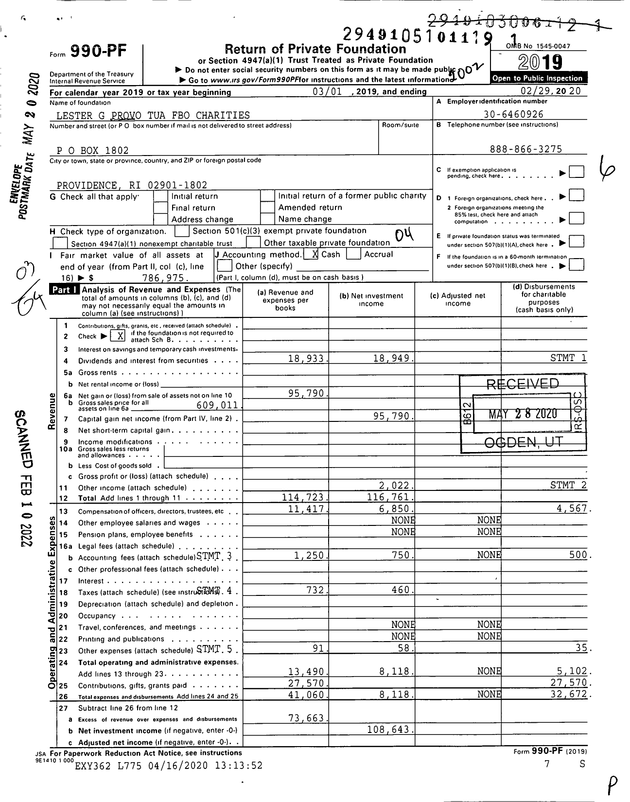 Image of first page of 2019 Form 990PF for Lester G Provo Tua Fbo Charities