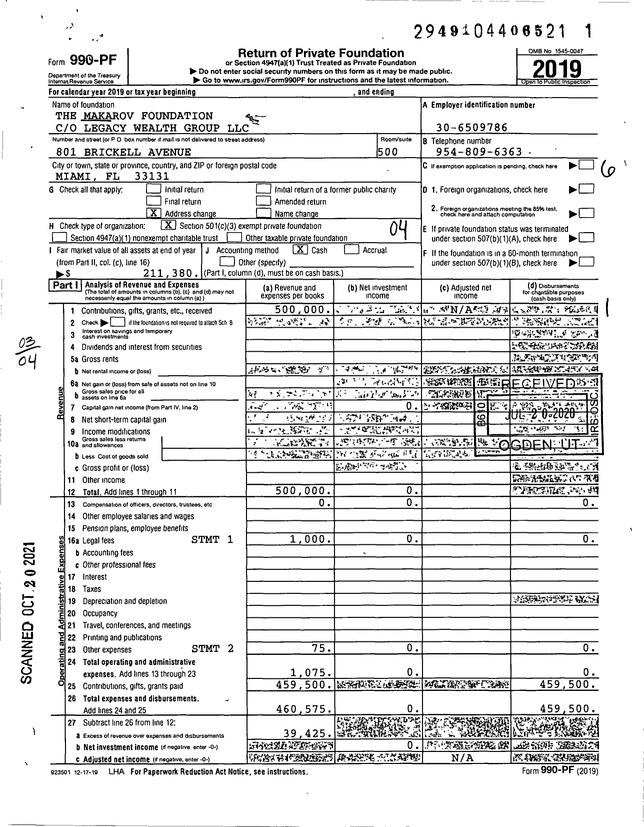 Image of first page of 2019 Form 990PF for The Makarov Foundation