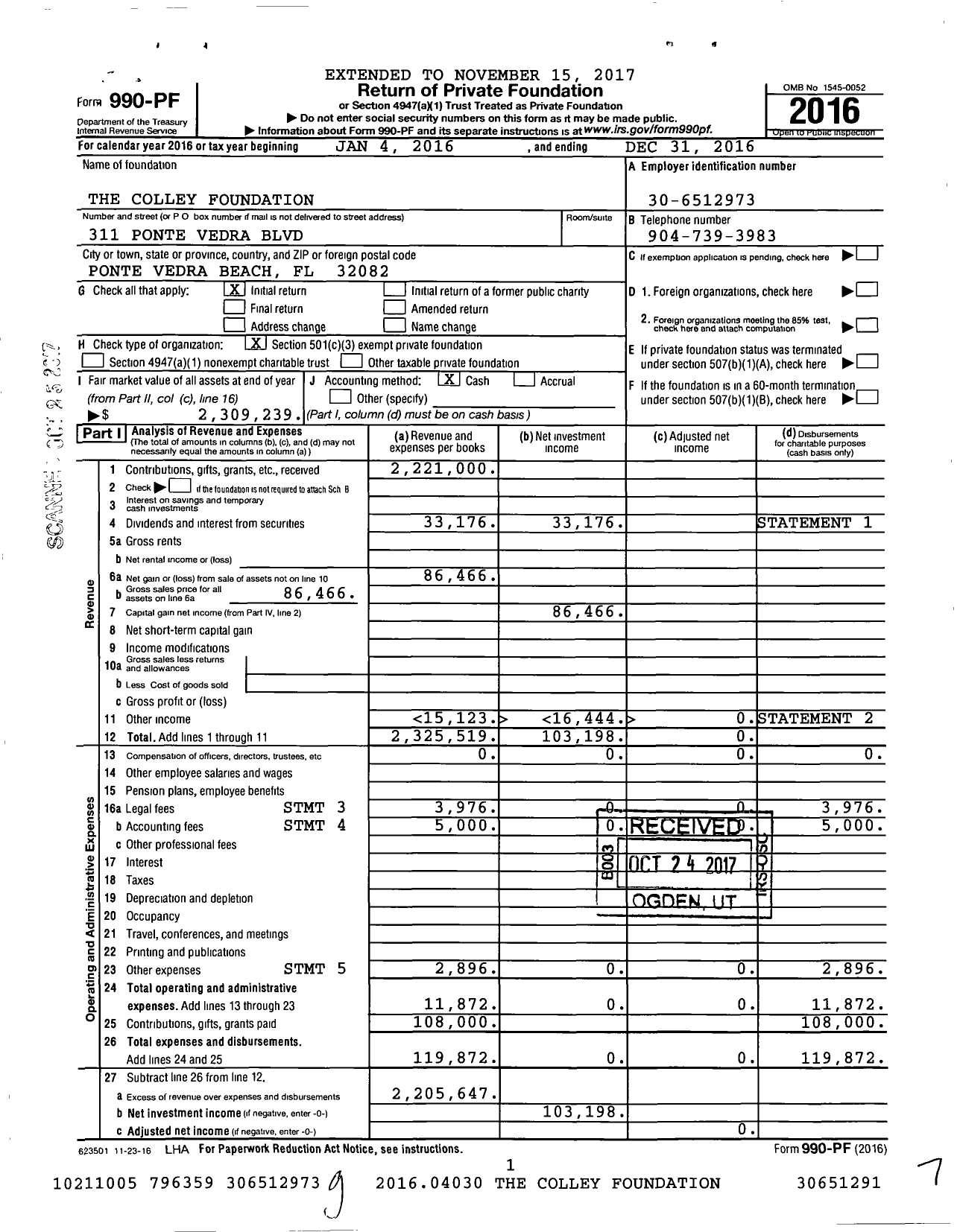 Image of first page of 2016 Form 990PF for The Colley Foundation