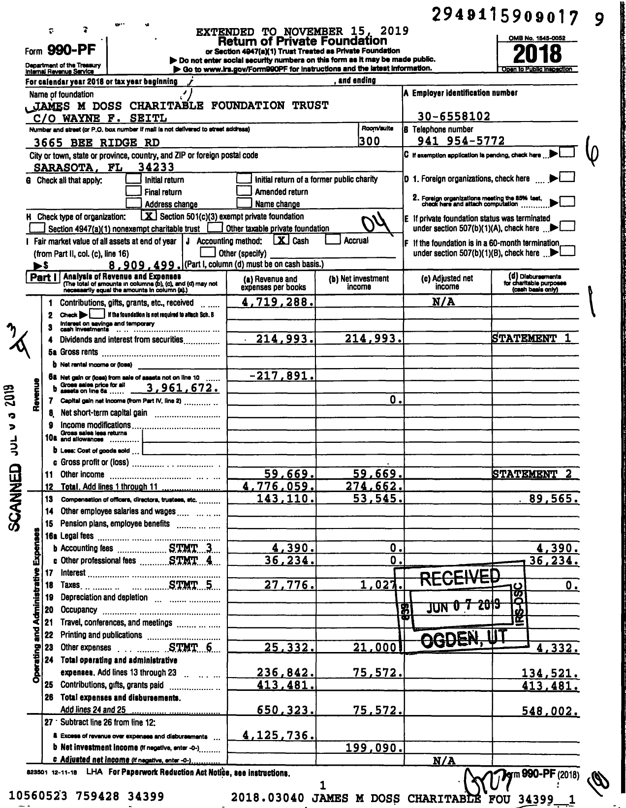 Image of first page of 2018 Form 990PF for James M Doss Charitable Foundation Trust