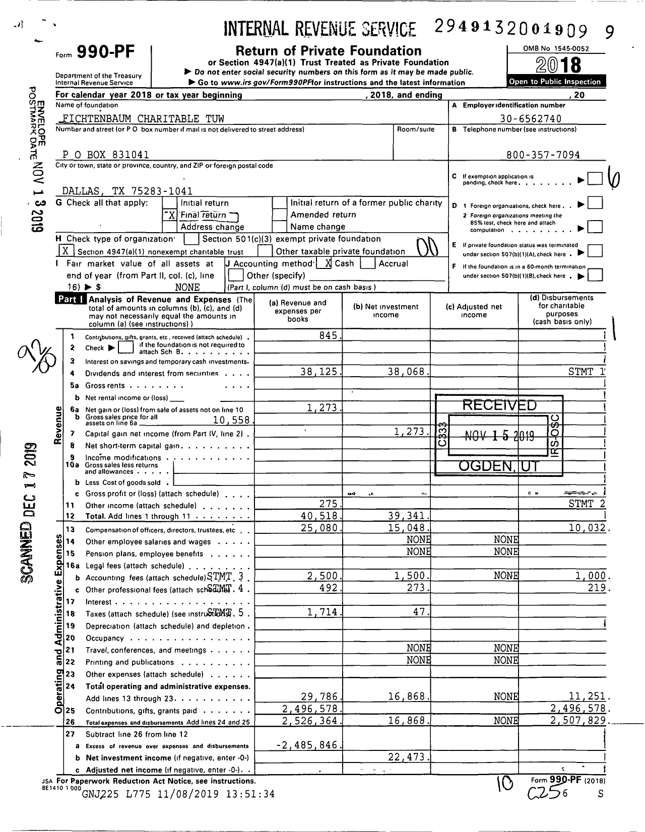 Image of first page of 2018 Form 990PF for Fichtenbaum Charitable Trust